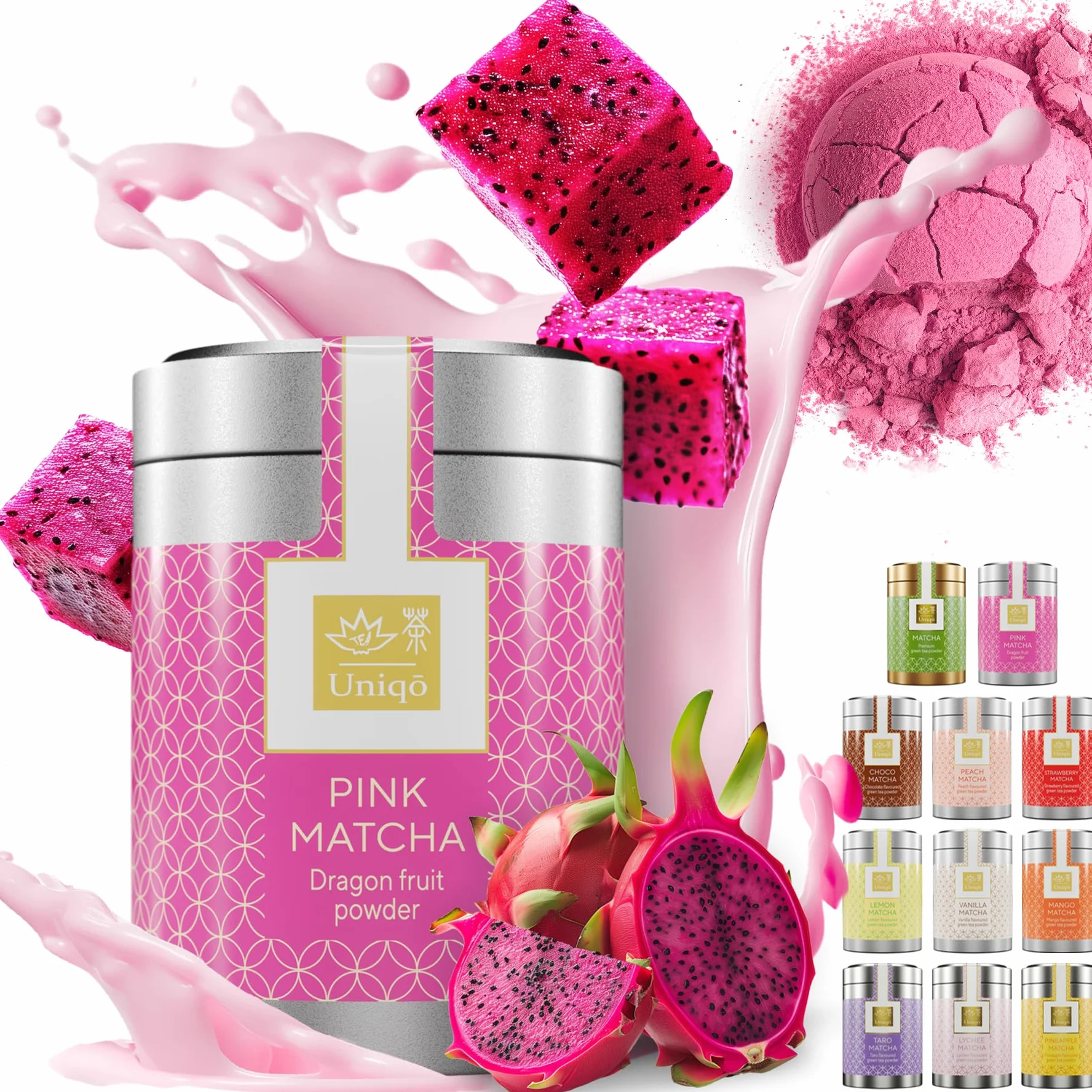 Tea Uniqo różowa herbata matcha w proszku – idealna do picia, lodów, latte, koktajli, do pieczenia lub gotowania, smoczy owoc w proszku, 100% naturalny, w puszce, superfood, proszek ze smoczego owocu
