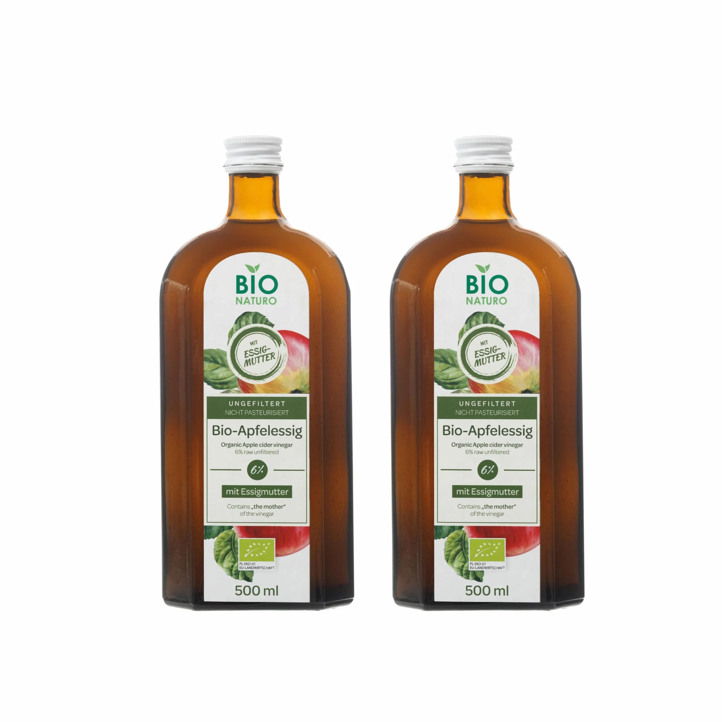 BIONATURO 2x Organiczny ocet jabłkowy 6% 500ml - Ocet z ekologicznych Jabłek - Naturalnie mętny - Niefiltrowany, bogaty w składniki odżywcze - do gotowania, diety i zdrowia - Ocet wegański