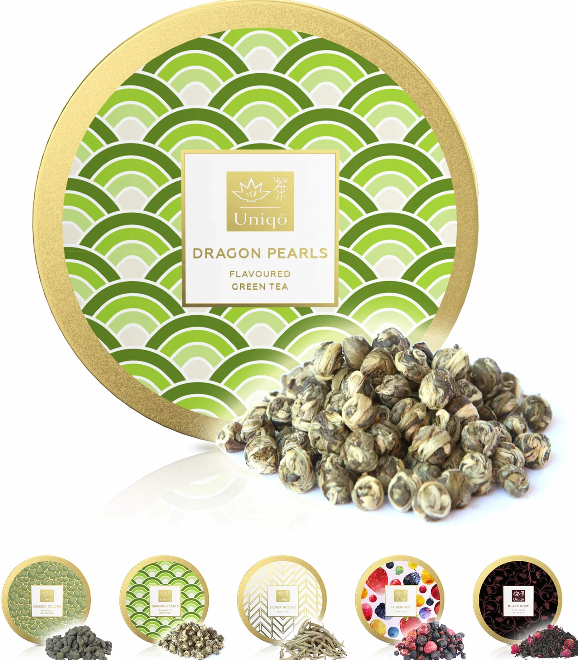Tea Uniqo herbata jaśminowa Dragon Pearls – prezent na herbatę | Jaśminowa perła smoka naturalnie aromatyzowana zielona herbata luzem w eleganckiej puszce prezentowej | bezglutenowa – wegańska – bez