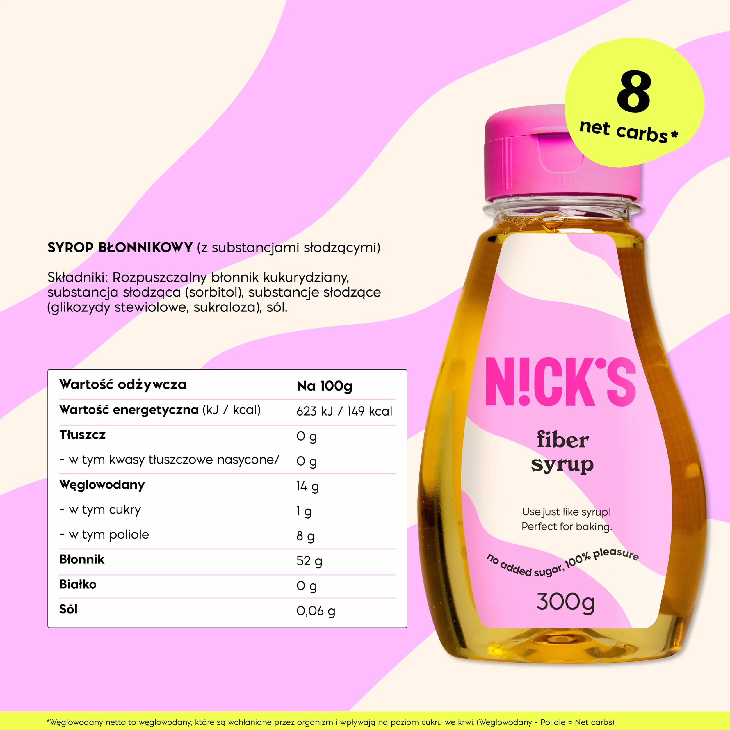 NICKS Fiber syrup, syrop z włókna, bogaty w błonnik, naturalny keto słodzący bez dodatku cukru, bez glutenu, zamiennik cukru o niskiej zawartości węglowodanów (300 g)