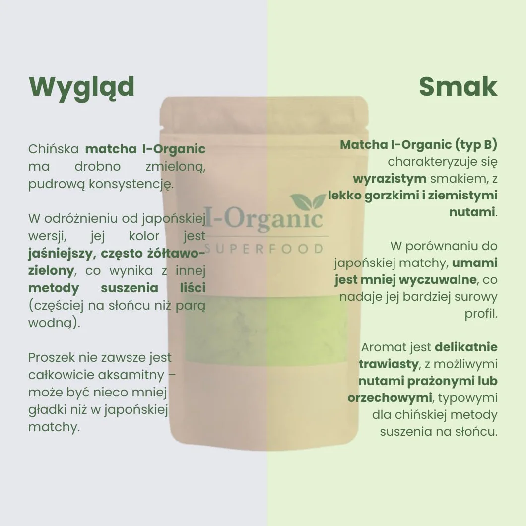 I-Organic Organiczna chińska matcha 100g, Zielona herbata w proszku, Bogata w antyoksydanty L-teaninę kofeinę, Wspomaga metabolizm, Poprawia koncentrację i poziom energii