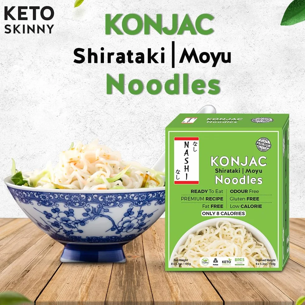 Nashi Konjac Shirataki Premium Noodles (8 × 190 g) - Bez zapachu, odpowiedni dla wegan, beztłuszczowy i niskokaloryczny, przyjazny dla glukomannanu keto, dieta niskowęglowodanowa, gotowa do spożycia
