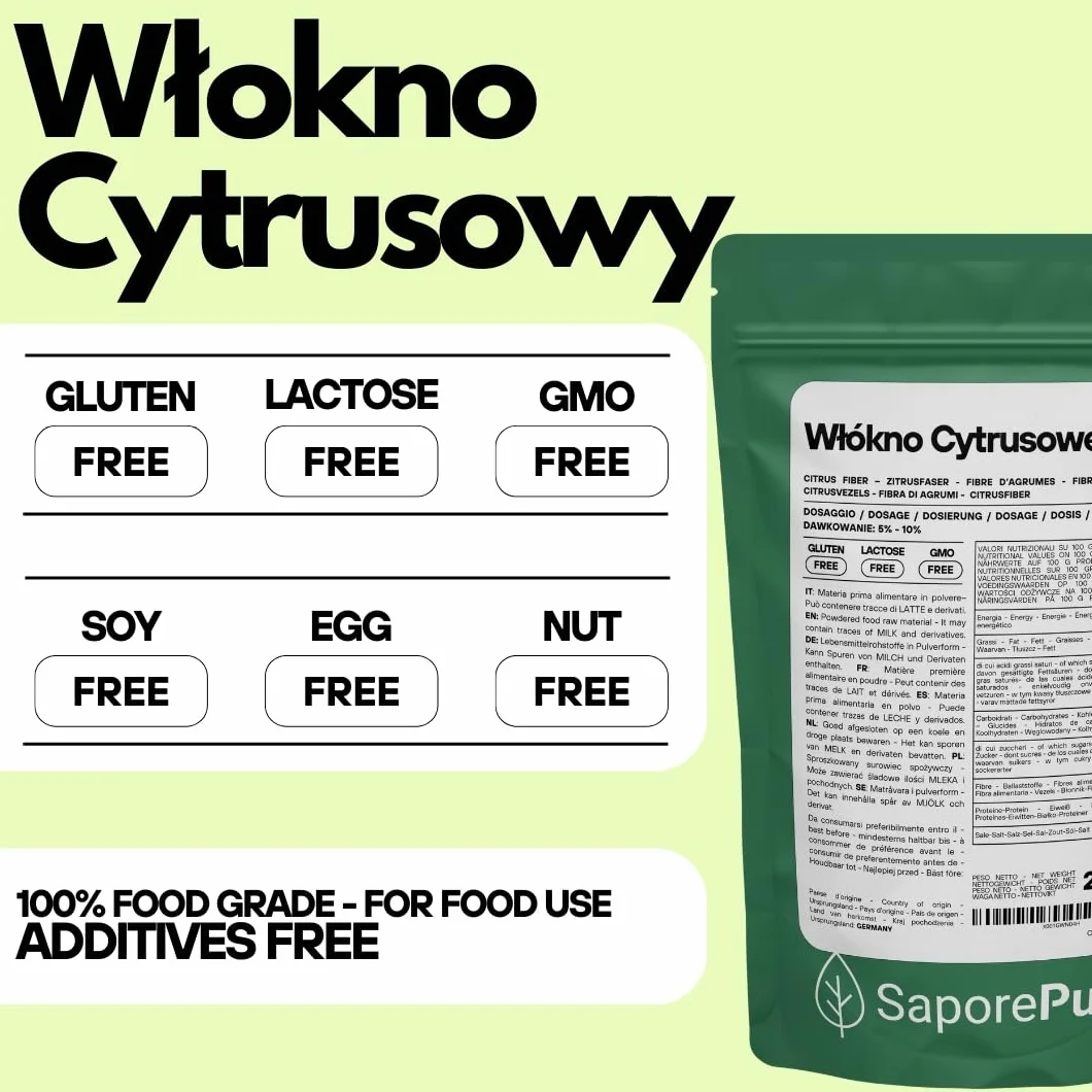 SaporePuro Błonnik cytrusowy 250 g - Zagęszczacz, emulgator i naturalny stabilizator - Idealny do lodów, sosów, serów, polew, wypieków - Bezglutenowy
