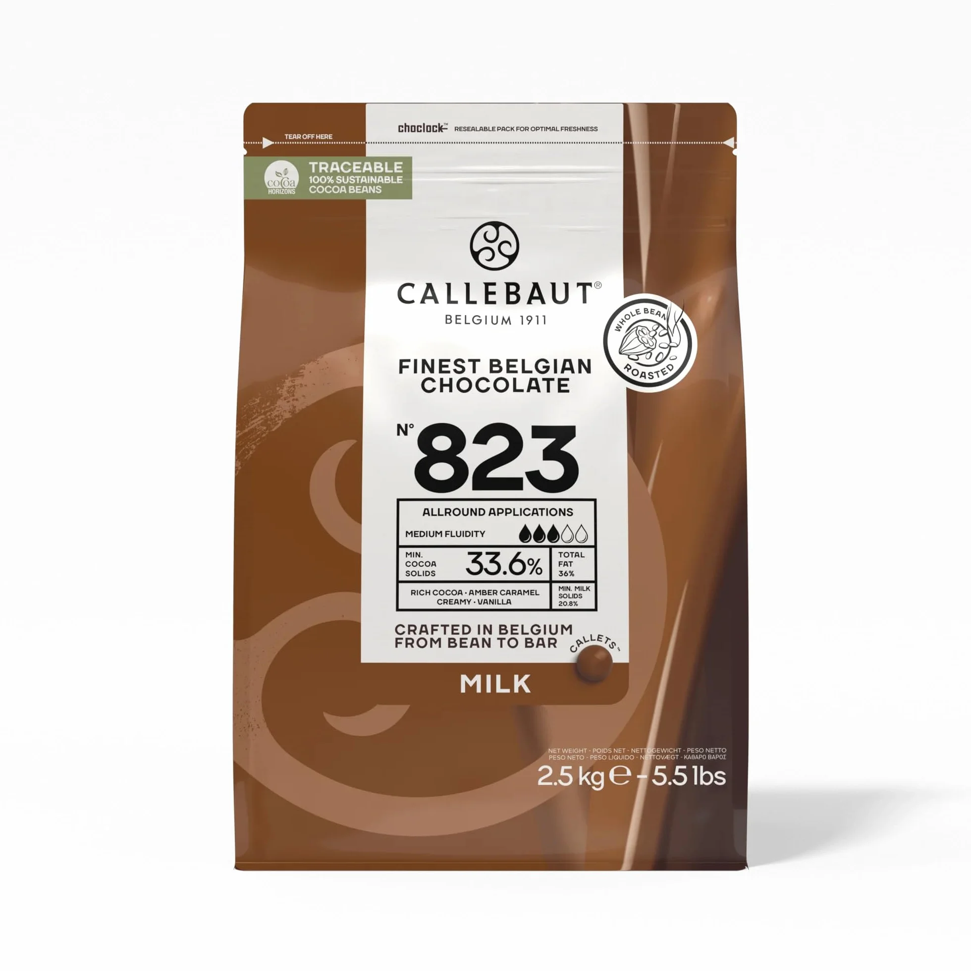 CALLEBAUT Odbiornik nr 823 Koperture Callets Vollmich Schokolade 33,6% kakao 2,5 kg 1 opakowanie