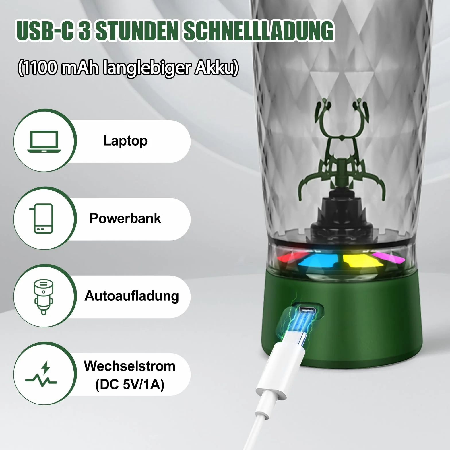 Elektryczny shaker 650 ml z komorą na proszek, ładowany przez USB, BPA free, zielony