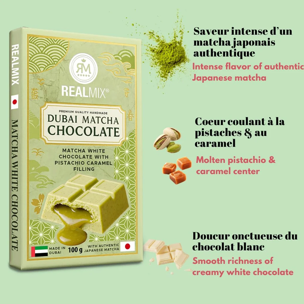 REALMIX Czekolada z Dubaju z Japońską Matchą – Tabliczka Premium z Kremem Pistacjowym i Karmelem – 100g