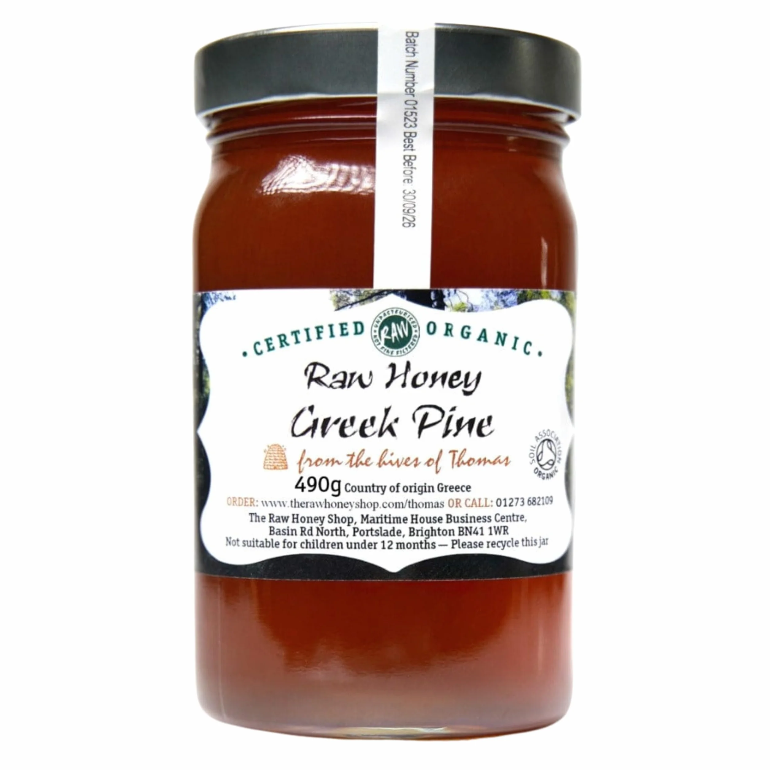 Thomas' Artisan Surowy grecki miód sosnowy, 490 g - antybakteryjny miód, gruby i niepasteryzowany, tłoczony na zimno, antybakteryjny, pojedyncze pochodzenie - The Raw Honey Shop