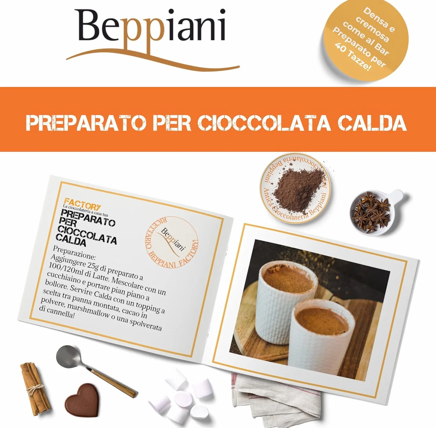 Beppiani, gorąca czekolada 1kg, przygotowana na gorącą czekoladę, odpowiednik 40 dawek gorącej czekolady saszetki, gęste i kremowe jak w barze, intensywny aromat, naturalne składniki i bezglutenowe