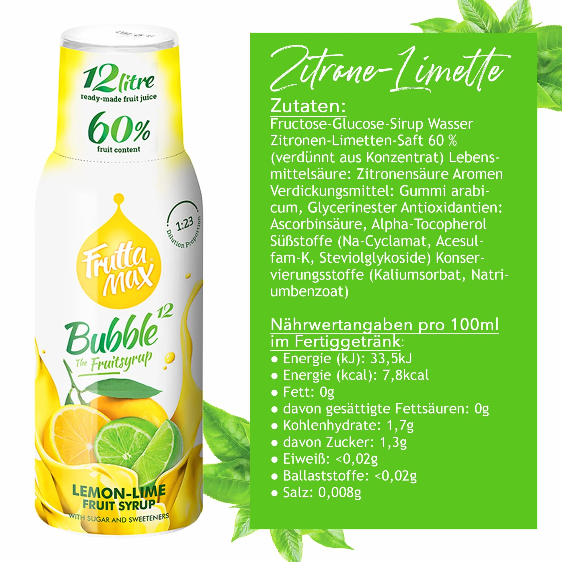 2 Pack - FruttaMax - Koncentrat Syropu Owocowego | Mniej cukru | z 60% zawartością owoców | Nadaje się do automatu sodowego (2 x 500 ml) (2 x Cytryna-Limonka)
