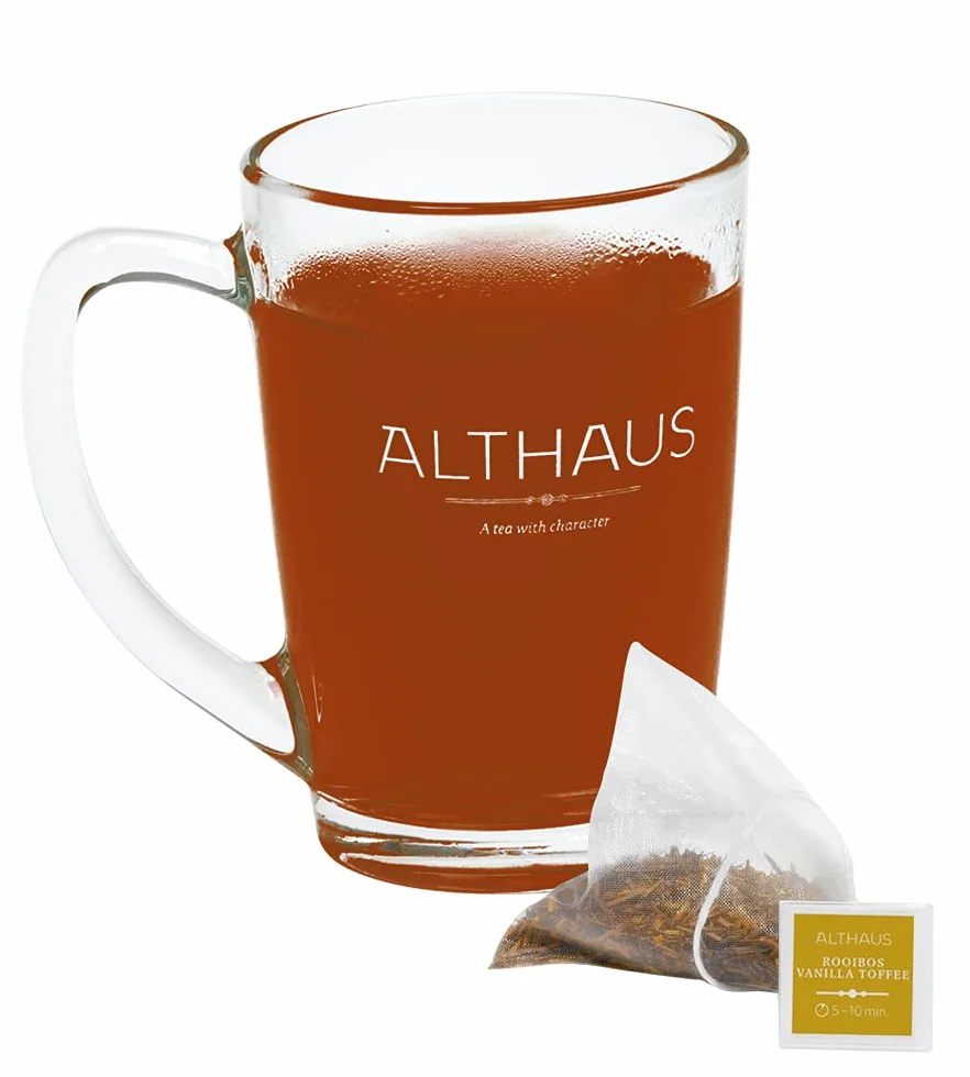Althaus Herbata ROOIBOS VANILLA (wcześniej TOFFEE ROOIBUSH), herbata rooibos w woreczku piramidowym, zestaw PYRA – aromatyzowana herbata ziołowa o smaku waniliowo-karmelowym, 15 x 2,75 g