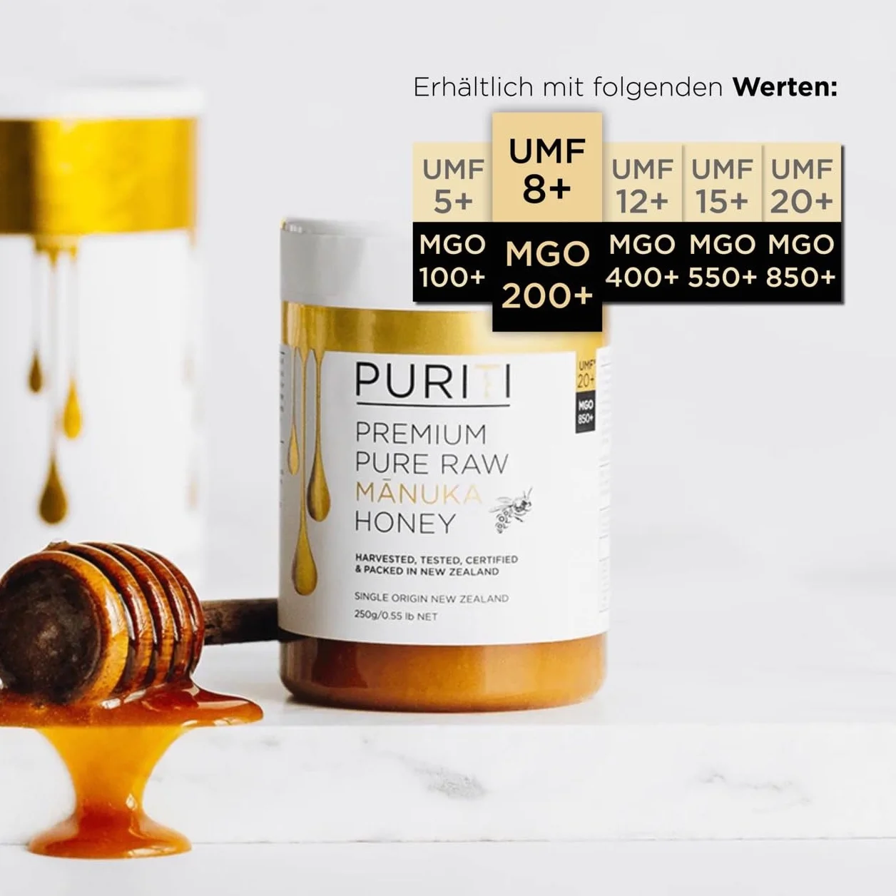 PURITI Miód Manuka MGO 200+ z Nowej Zelandii, 250 g