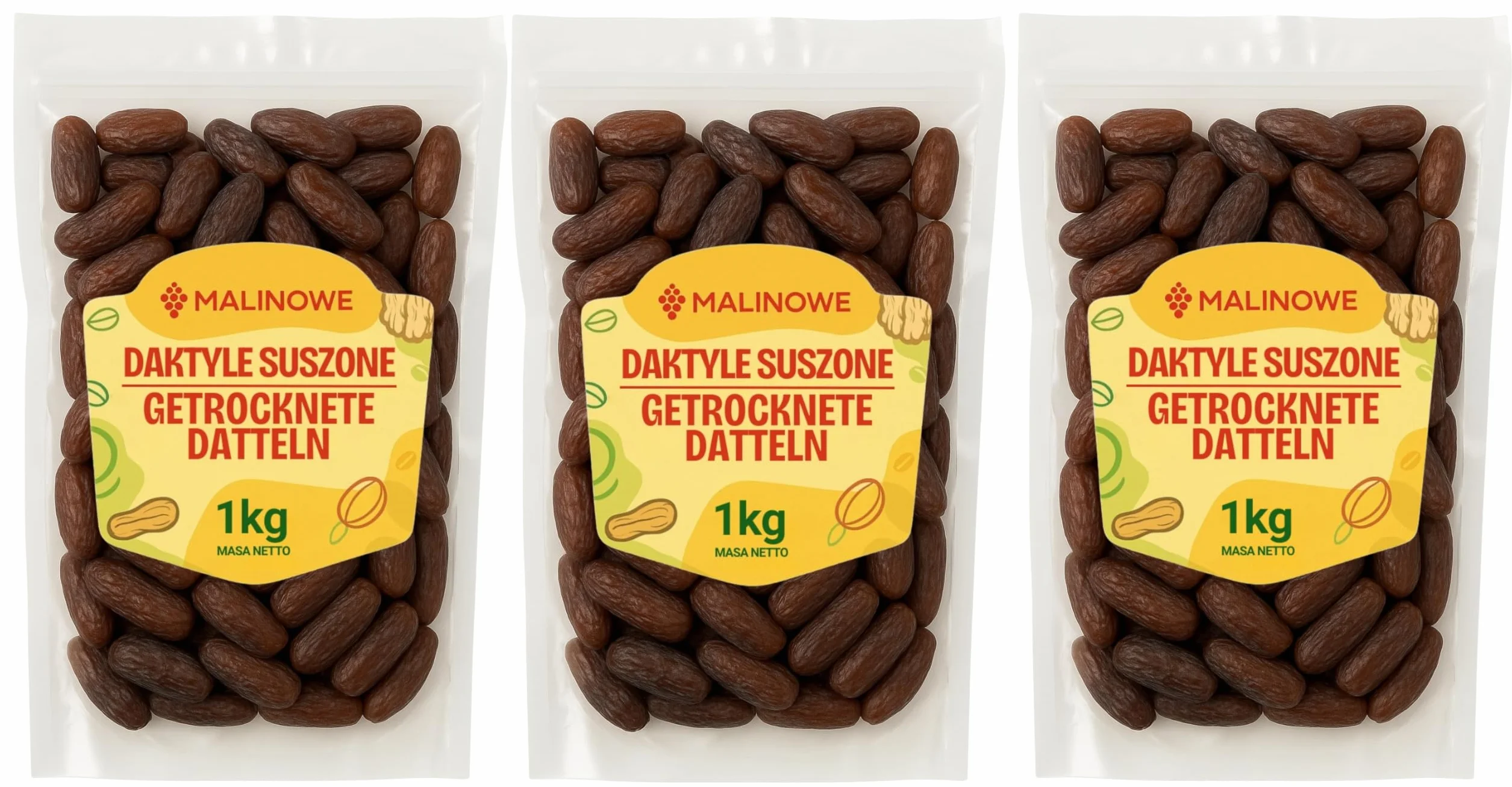 Malinowe DAKTYLE SUSZONE 3x1kg Zestaw Bez Pestek Wyjątkowy Smak