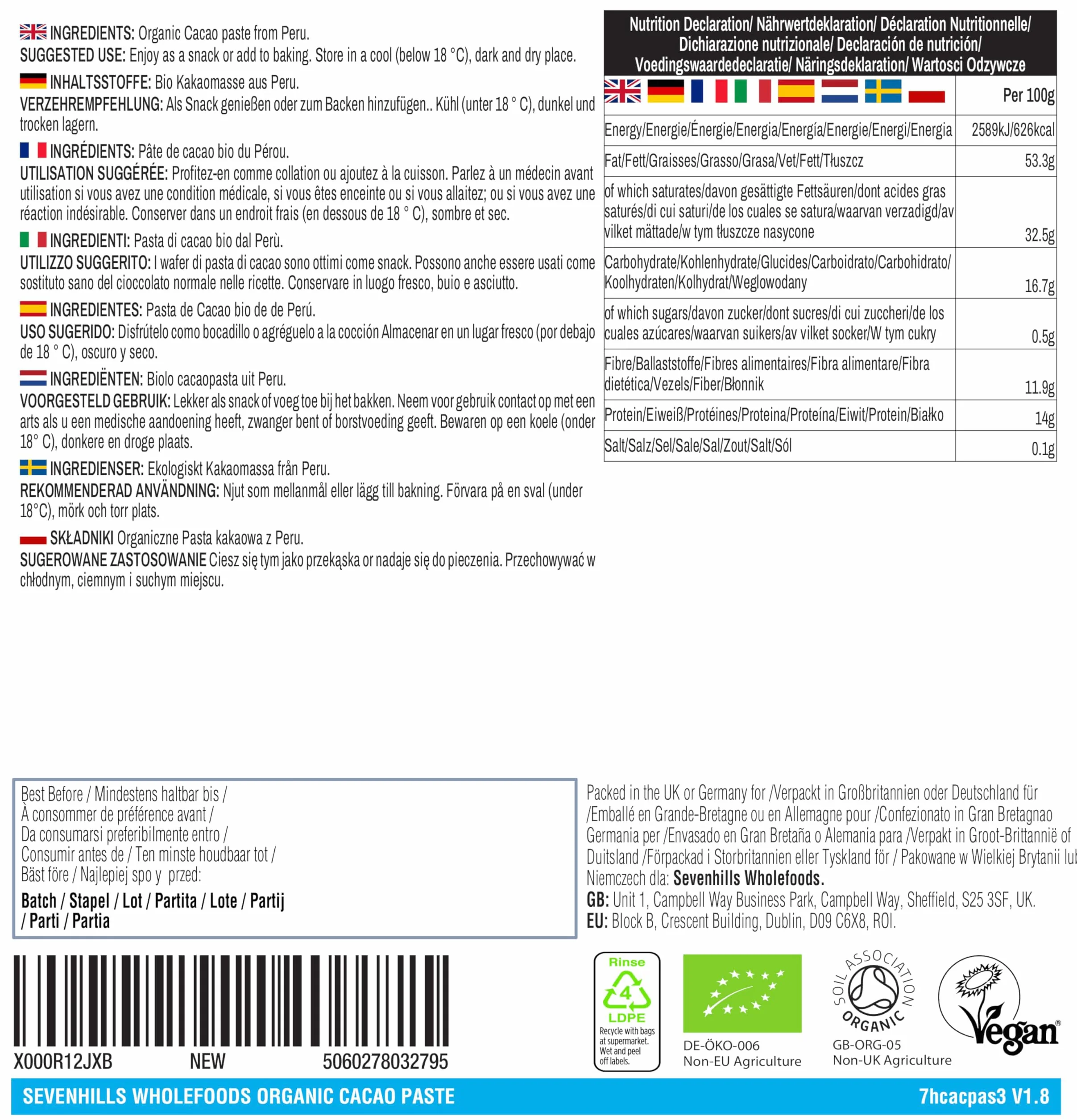 Sevenhills Wholefoods Organiczne Pasta Kakaowa 500g