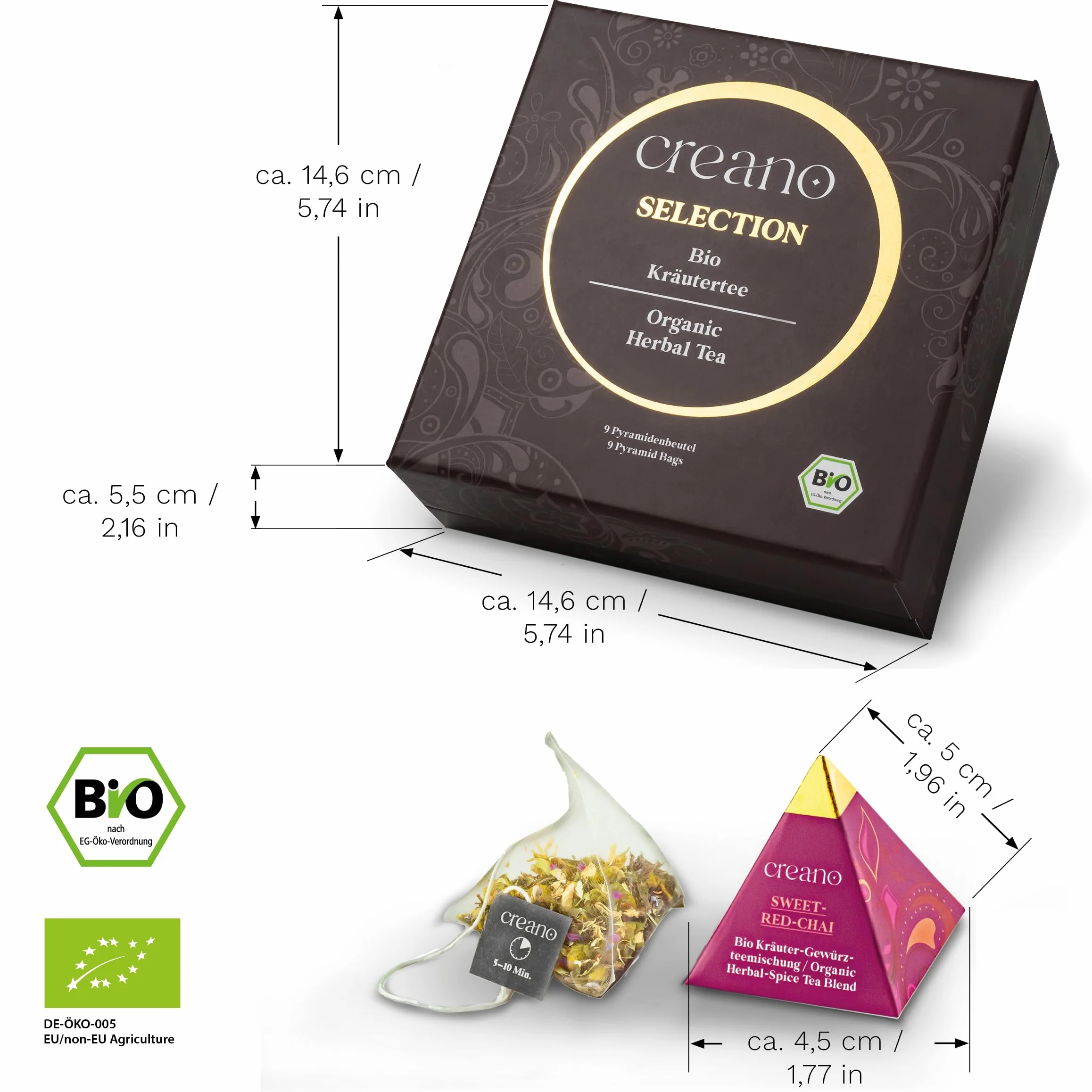 Zestaw prezentowy herbaty ziołowej Creano Premium Organic „Herbata ziołowa organiczna” – 9 torebek herbaty piramidkowej w 9 różnych wariantach – 22,5 g – NOWOŚĆ 2024*