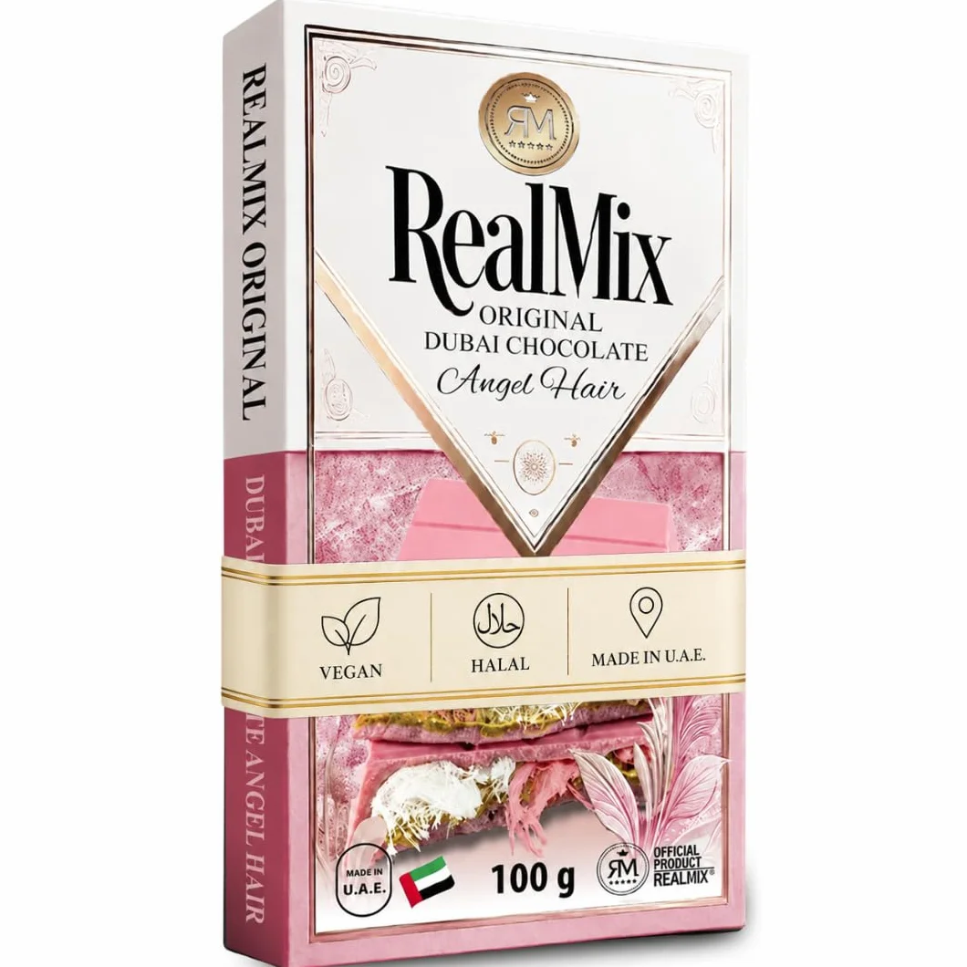 REALMIX Różowa Czekolada prosto z Dubaju ZEA | Autentyczna czekolada z Dubaju o smaku malinowym, z nadzieniem z waty cukrowej, pistacji i kadaif | Wyprodukowana w Dubaju ZEA | 100 g