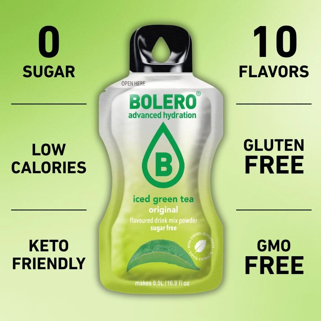 Bolero ICED GREEN TEA 24x3g | Saftpulver ohne Zucker, gesüßt mit Stevia + Vitamin C | geeignet für Kinder, Sportler und Diabetiker | glutenfrei und veganfreundlich (24x3g, WATERMELON)