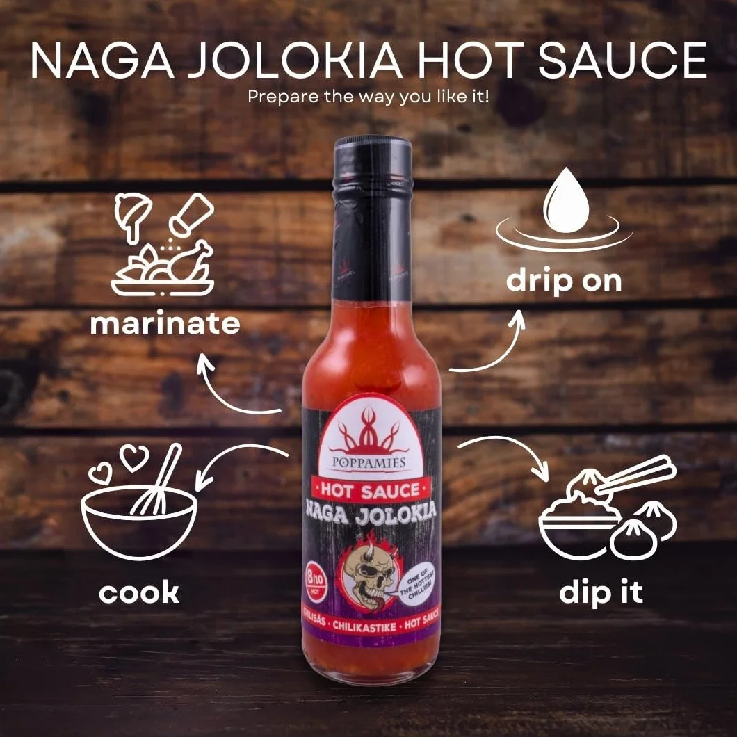 Poppamies Naga Jolokia Hot Sauce - bezglutenowy, bez laktozy, wegański - Pikantność: 8/10-150ml