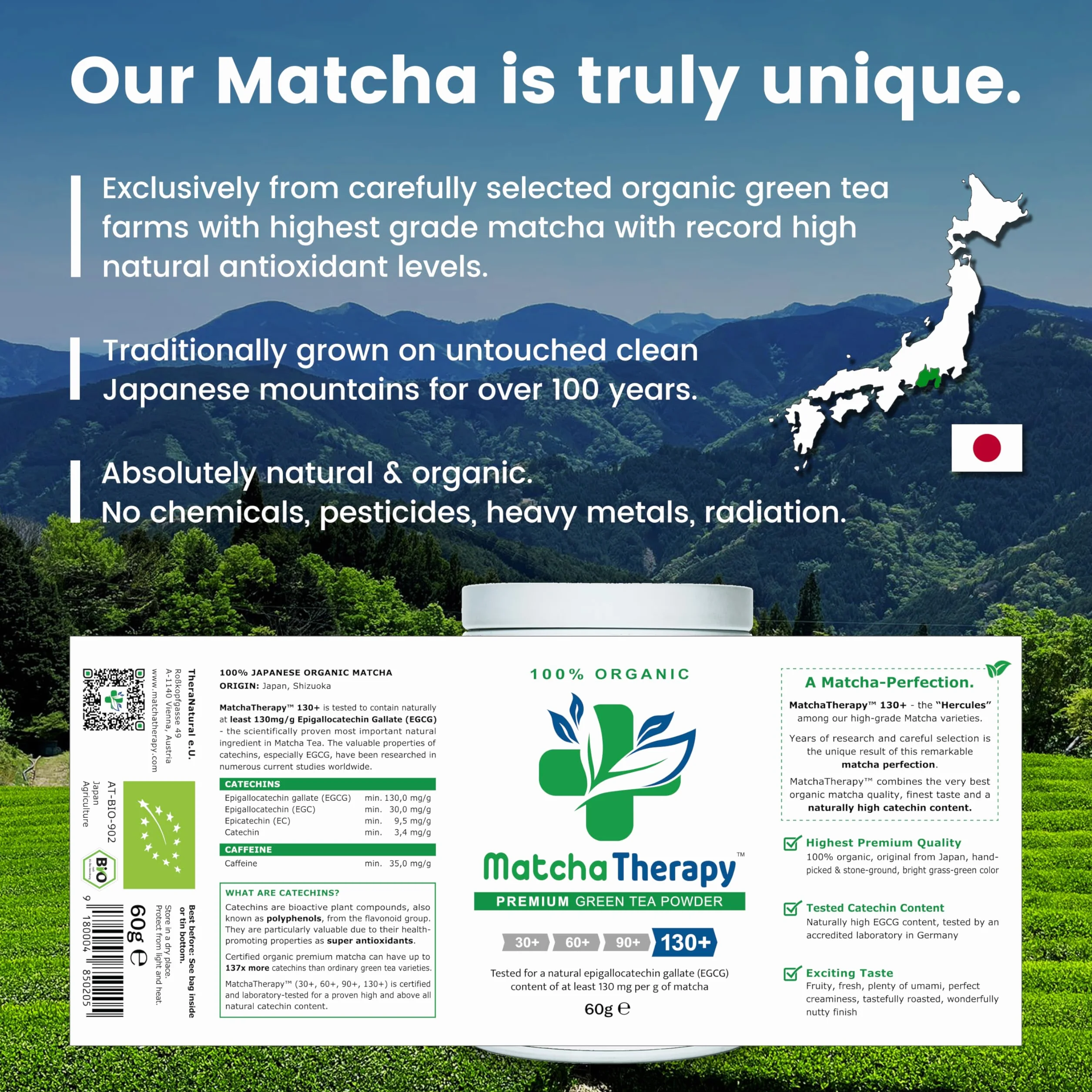 MatchaTherapy 100% Ekologiczna herbata Matcha 60g 130 mg/g EGCG Klasa Premium Japońska zielona