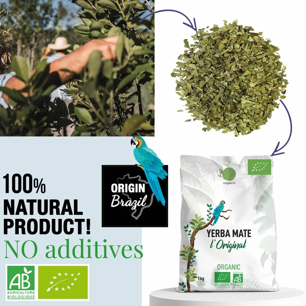 ORIGEENS Yerba Mate Organic 1KG - Zielona Yerba Maté bez dymu, bez łodygi, 0 pyłu
