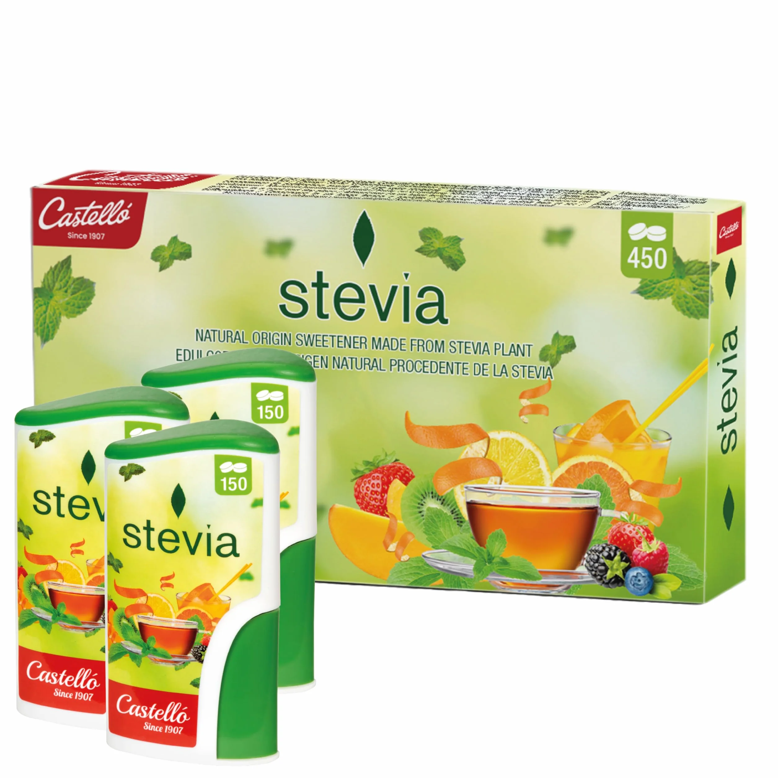 Castello since 1907 Stevia w Tabletkach - Zestaw 3 szt. (450 Tabletek) - Słodzik Bez Kalorii, Zamiennik Cukru, Keto, 0 Węglowodanów