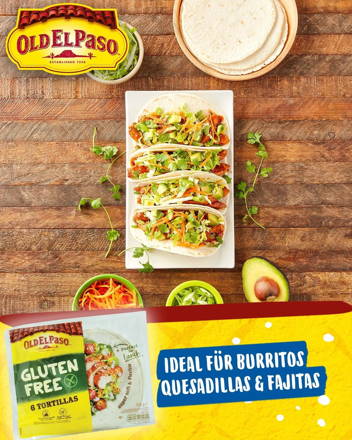Old El Paso Tortille – bezglutenowe – meksykańskie okłady z tapioki, komosy ryżowej i kukurydzy – 1 x 216 g