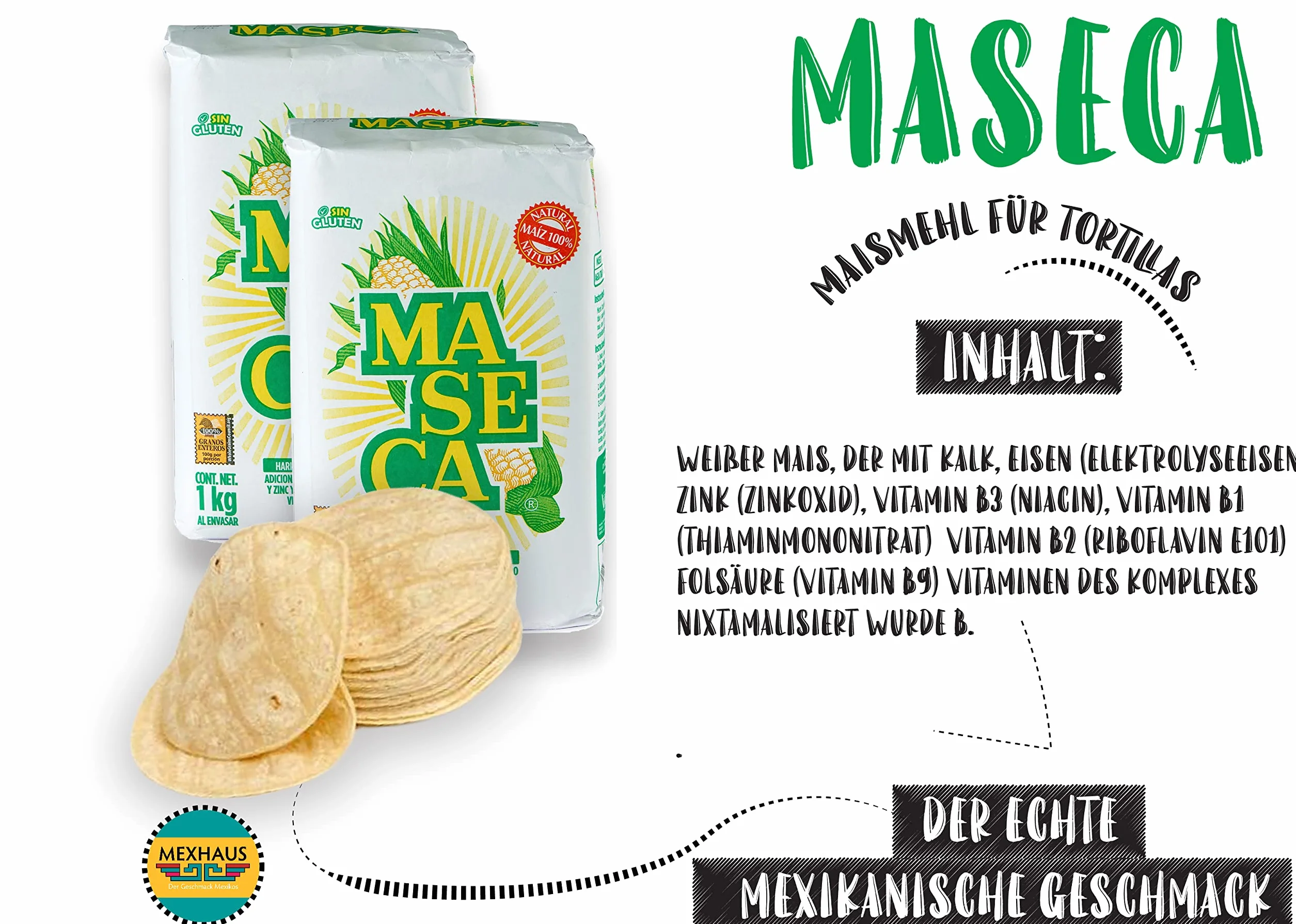 Maseca z Meksyku Mąka kukurydziana na tortille 1 kg (opakowanie 2 sztuki) Harina de Maiz, Masa Harina, Mąka bezglutenowa