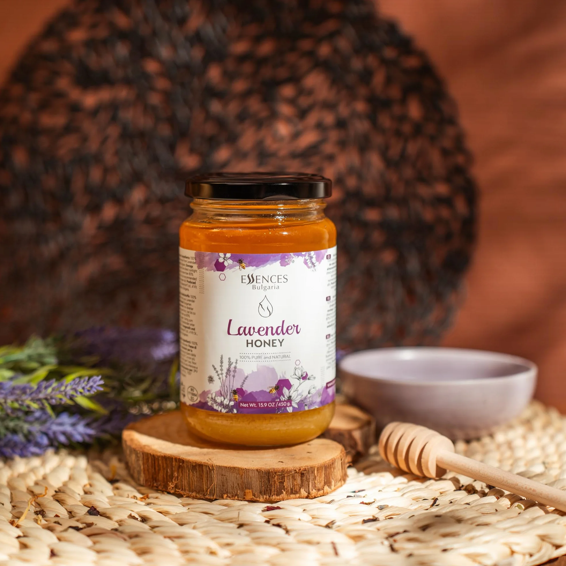 Essences Bułgaria Surowy Miód Lawendowy 450gr | Niesamowity smak | 100% Czysty i Naturalny | Bez dodatków | Surowy miód pszczeli | Naturalny słodzik | Wolne od GMO | Bezglutenowe