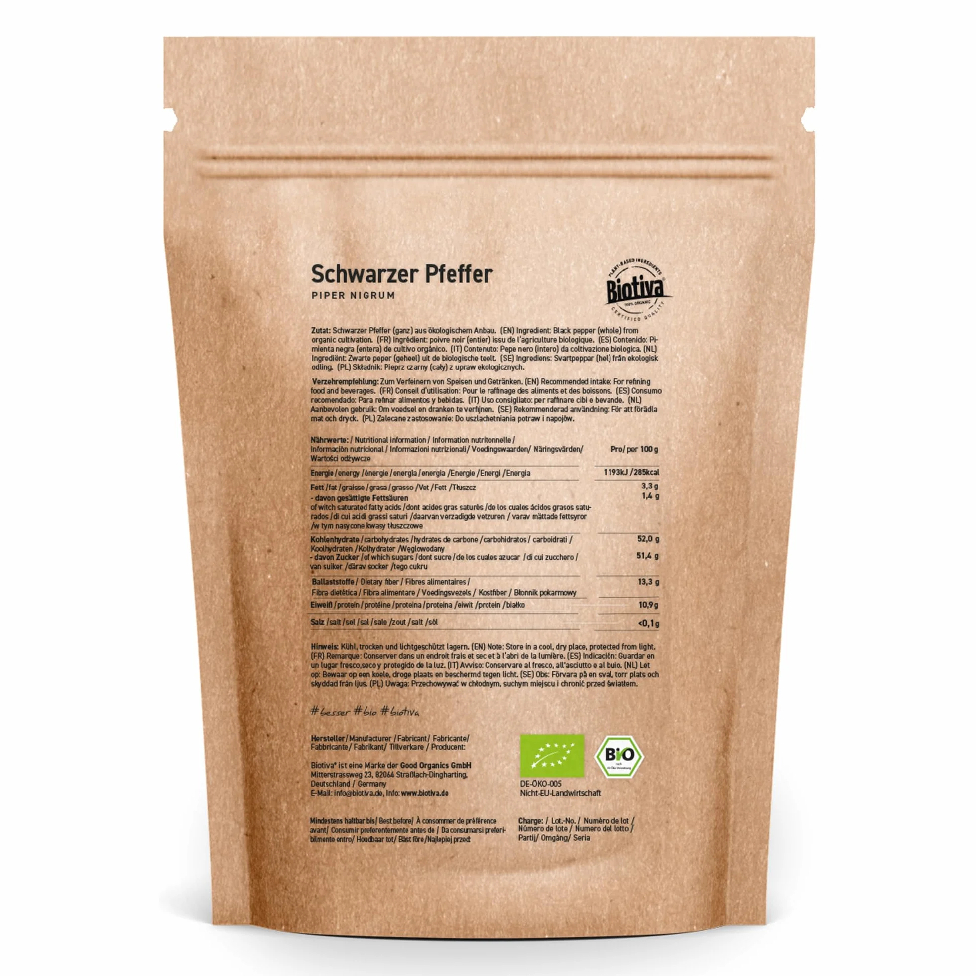 Pieprz czarny Bio 250 g – całe ziarna pieprzu najwyższej jakości ekologicznej – nadaje się do młynków do pieprzu – Piper nigrum – Pochodzenie Sri Lanki/Cejlonu Biotiva