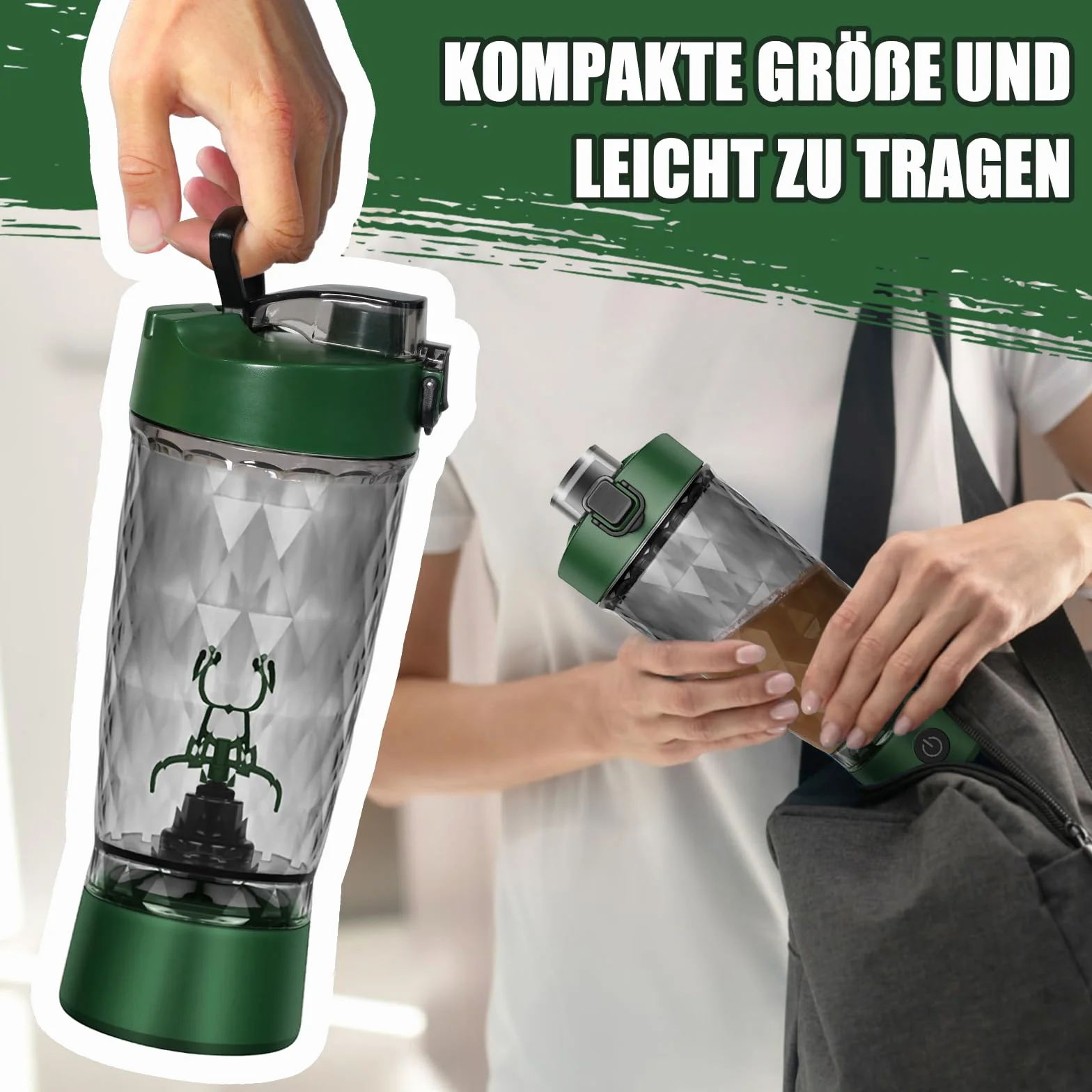 Elektryczny shaker 650 ml z komorą na proszek, ładowany przez USB, BPA free, zielony