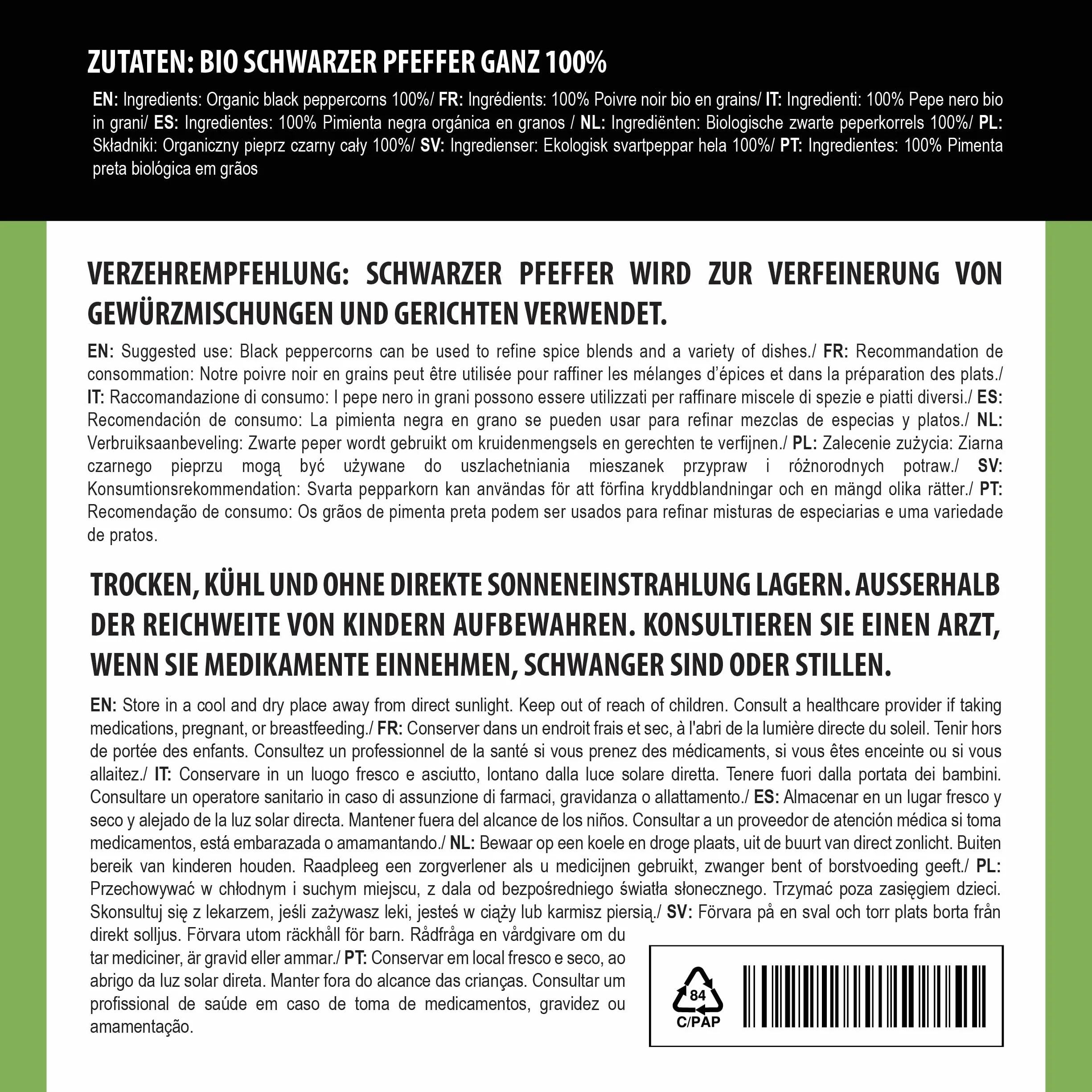 Alpi Nature Ekologiczny Czarny Pieprz 100g, Całe Ziarna Pieprzu, Całe Ziarna Czarnego Pieprzu