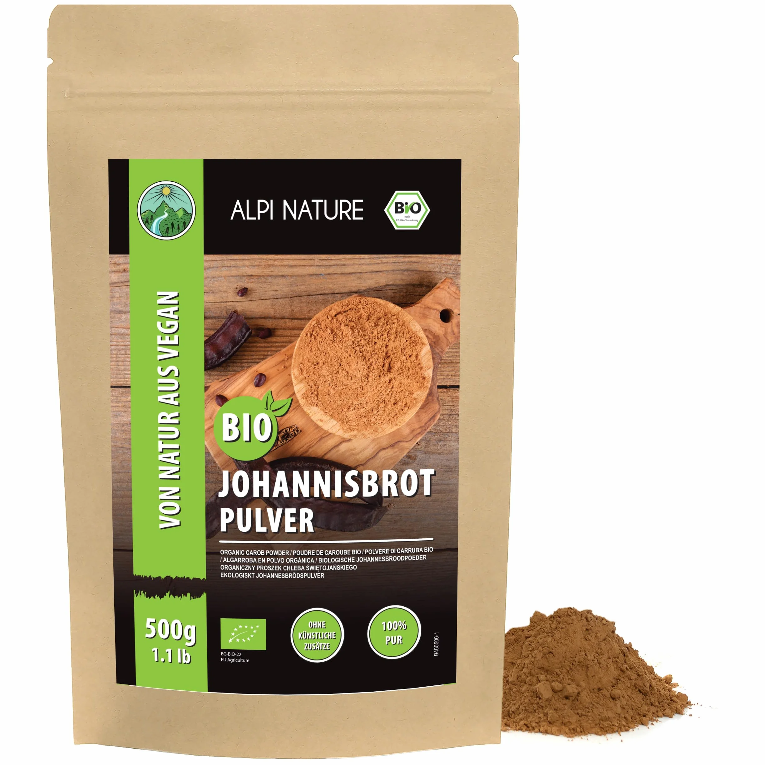 Alpi Nature Bio Carobpulver (500 g) organiczna johannisbrot grunt organiczny Johannisbrotpulver Dark bezglutenowy pozbawiony laktozy test laboratoryjny mąka wegańska mąka johannisbrot
