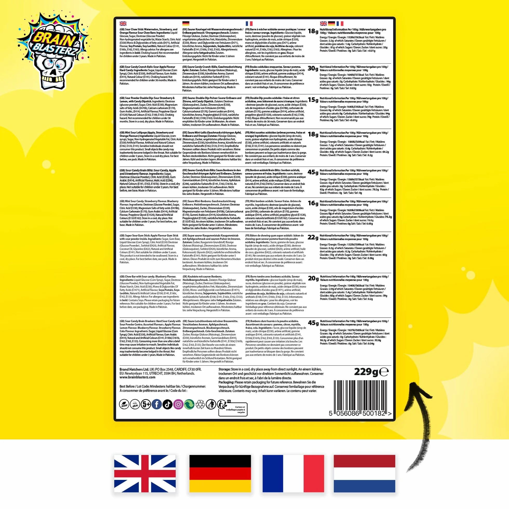 Pudełko na słodycze Brain Blasterz | Twarde Sour Candy, Brain Breakerz, Brain Bitz, Batony do Żucia i Więcej Kwaśnych Cukierków | Jabłko, Truskawka, Arbuz, Cola i Więcej | Prezent urodzinowy Prezent