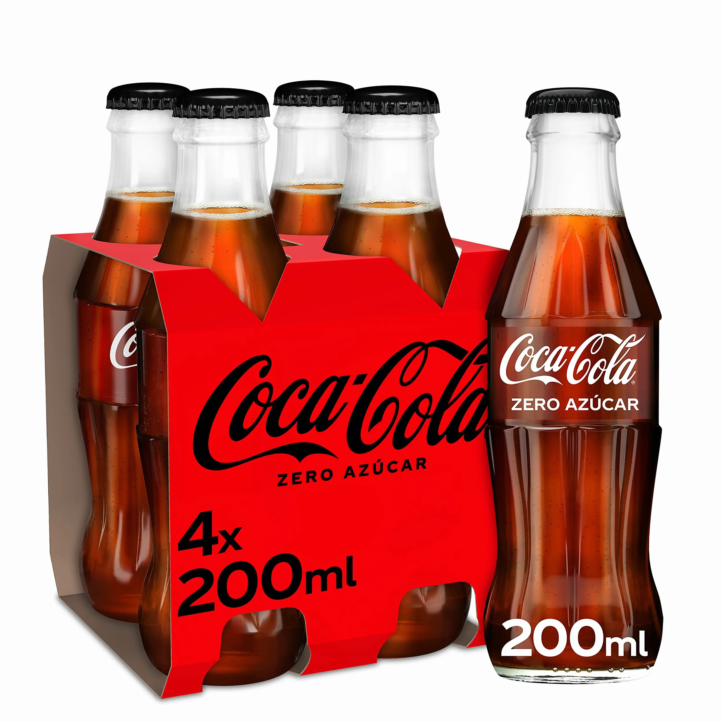Coca -Cola Zero Azúcar - Cola läsk utan socker, utan kalorier - Förpackning med 4 glasflaskor 200 ml
