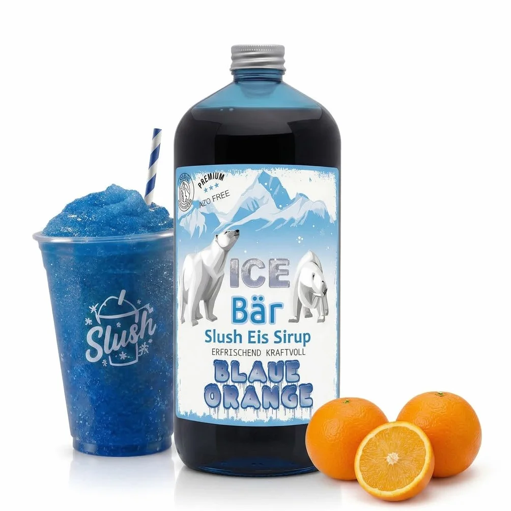 ICE Bear syrop wolny od azu, butelka 1 l, koncentrat do przyrządzania napojów slushy, maszyn do lodów, maszyn do lodów od 1:5 do 1:20 (niebieski pomarańczowy)