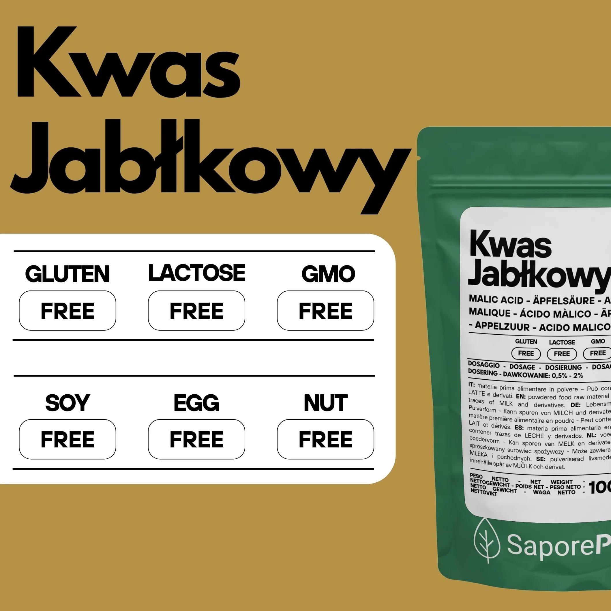 SaporePuro Kwas Jabłkowy w Proszku 100 g | Wysoka Rozpuszczalność i Kwaśny Smak | Idealny do Napojów, Deserów i Suplementów | Jakość Spożywcza | Bez Glutenu