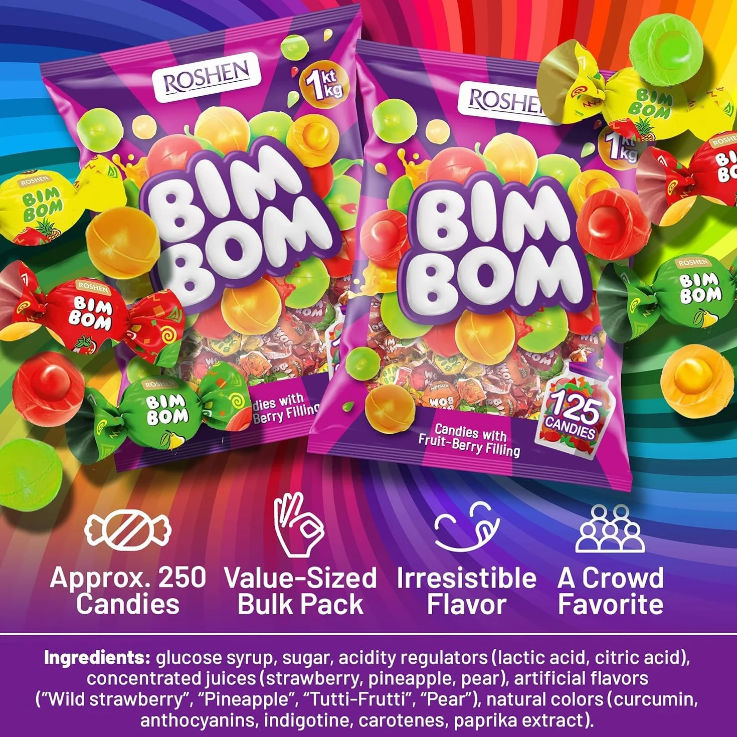 ROSHEN Cukierki Bim Bom karmelki twarde z płynnym owocowym nadzieniem 1kg