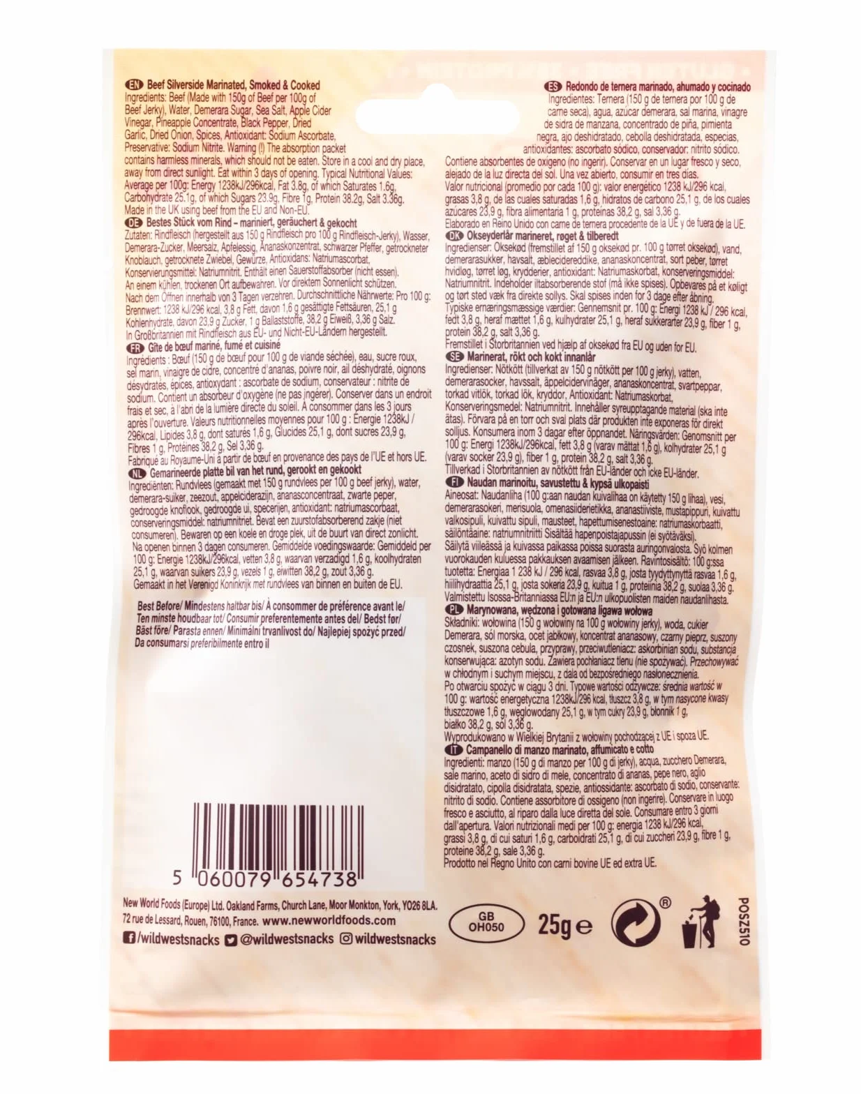 Wild West Paski do steków, 16 x 25 g, oryginalna wołowina, beef Jerky high Protein suszone mięso, przekąska proteinowa