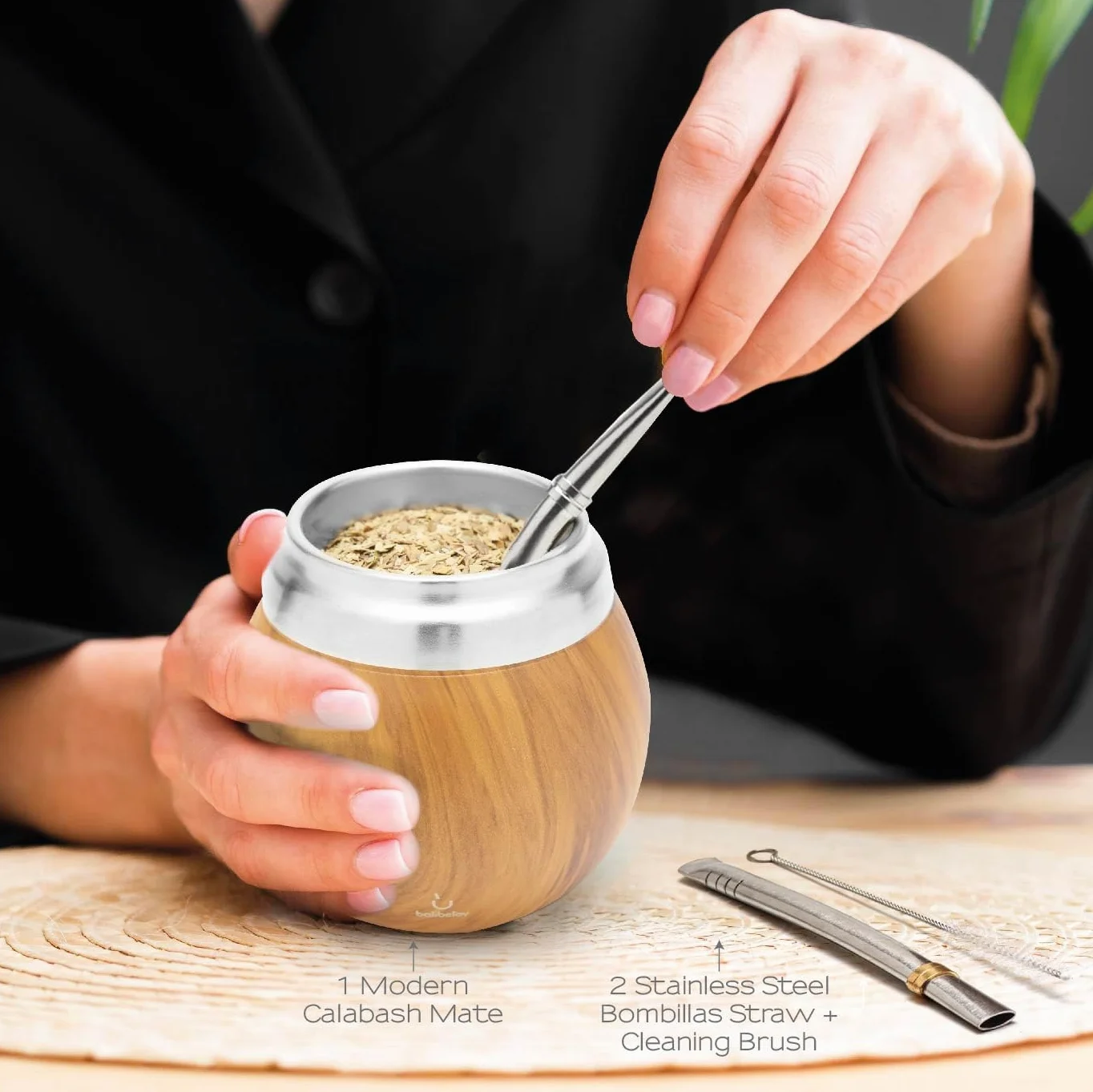 BALIBETOV Zestaw Yerba Mate – zawiera tykwę i bombilli Yerba Mate – zestaw ze stali nierdzewnej z podwójną ścianką termiczną i słomką – łatwy do czyszczenia i konserwacji