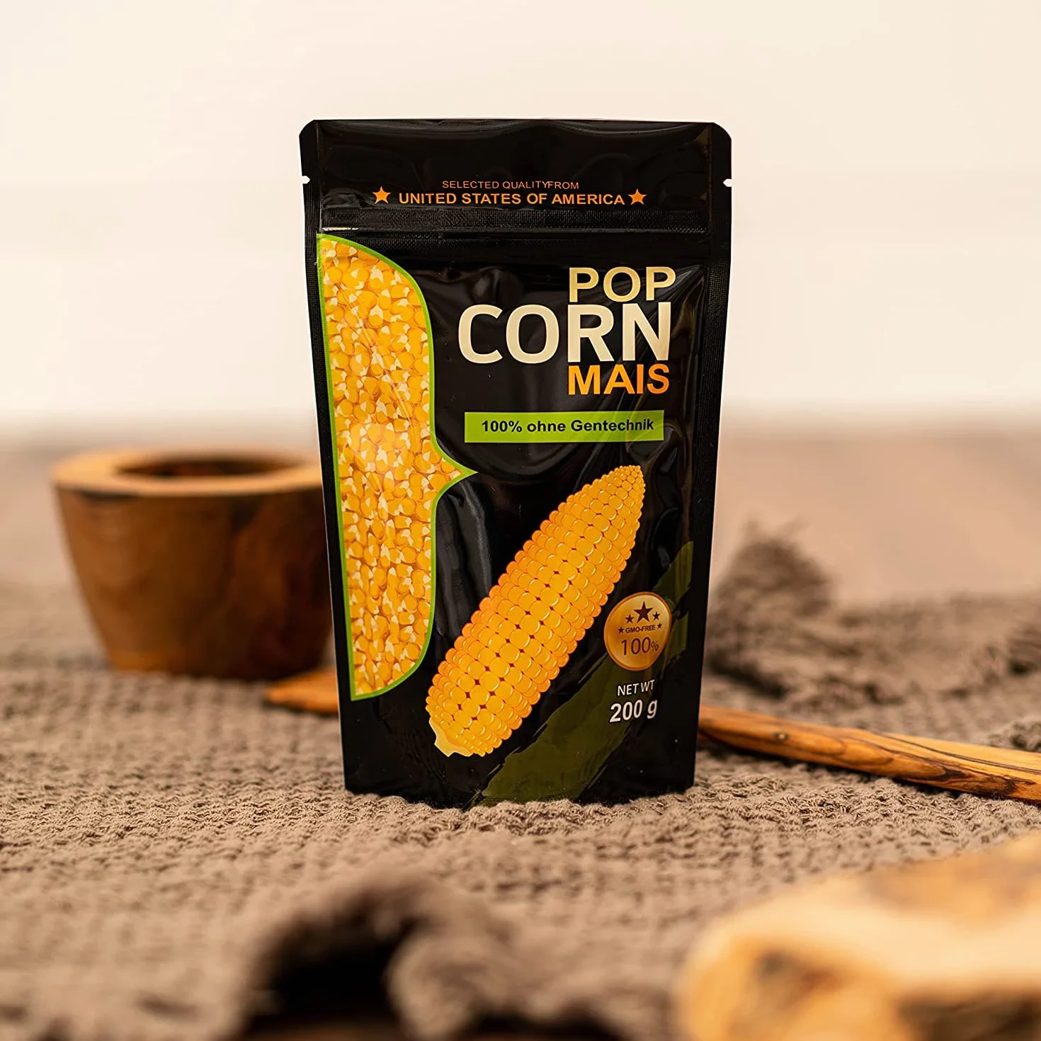 Kukurydza kukurydziana z Ameryki w opakowaniu chroniącym aromat bez GMO do maszyny do popcornu, poppera, rondelka lub kuchenki mikrofalowej (1x200g)