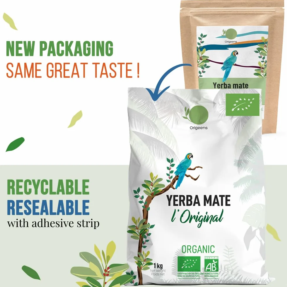 ORIGEENS Yerba Mate Organic 1KG - Zielona Yerba Maté bez dymu, bez łodygi, 0 pyłu