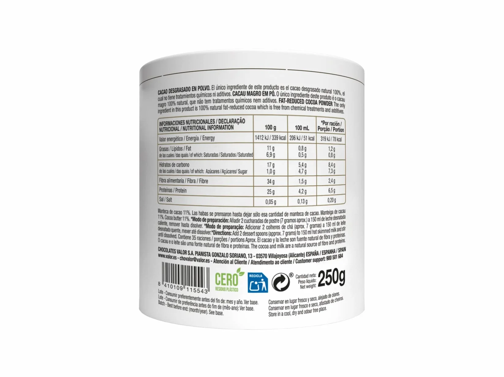 Valor - Cacao puro natural 100% rozpuszczalny en polvo. Sin Azúcares Añadidos. Sin glúten. Intenso sabor y aroma. 100% naturalny. Sol
