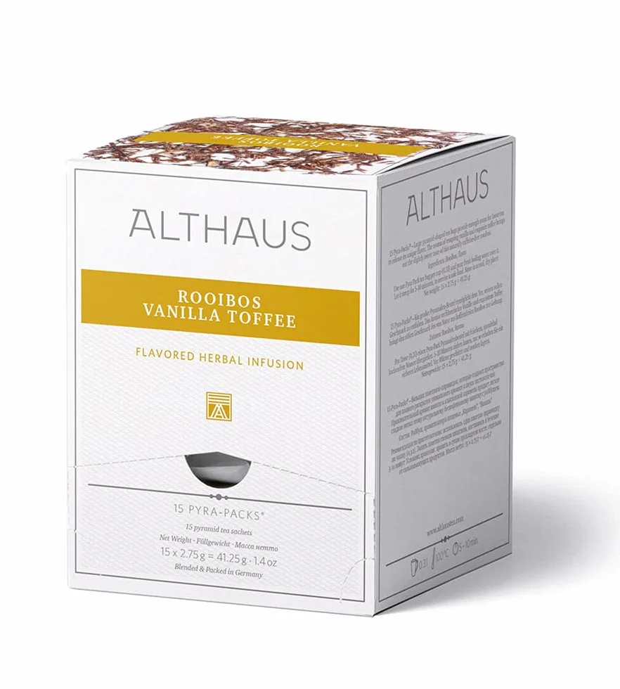 Althaus Herbata ROOIBOS VANILLA (wcześniej TOFFEE ROOIBUSH), herbata rooibos w woreczku piramidowym, zestaw PYRA – aromatyzowana herbata ziołowa o smaku waniliowo-karmelowym, 15 x 2,75 g