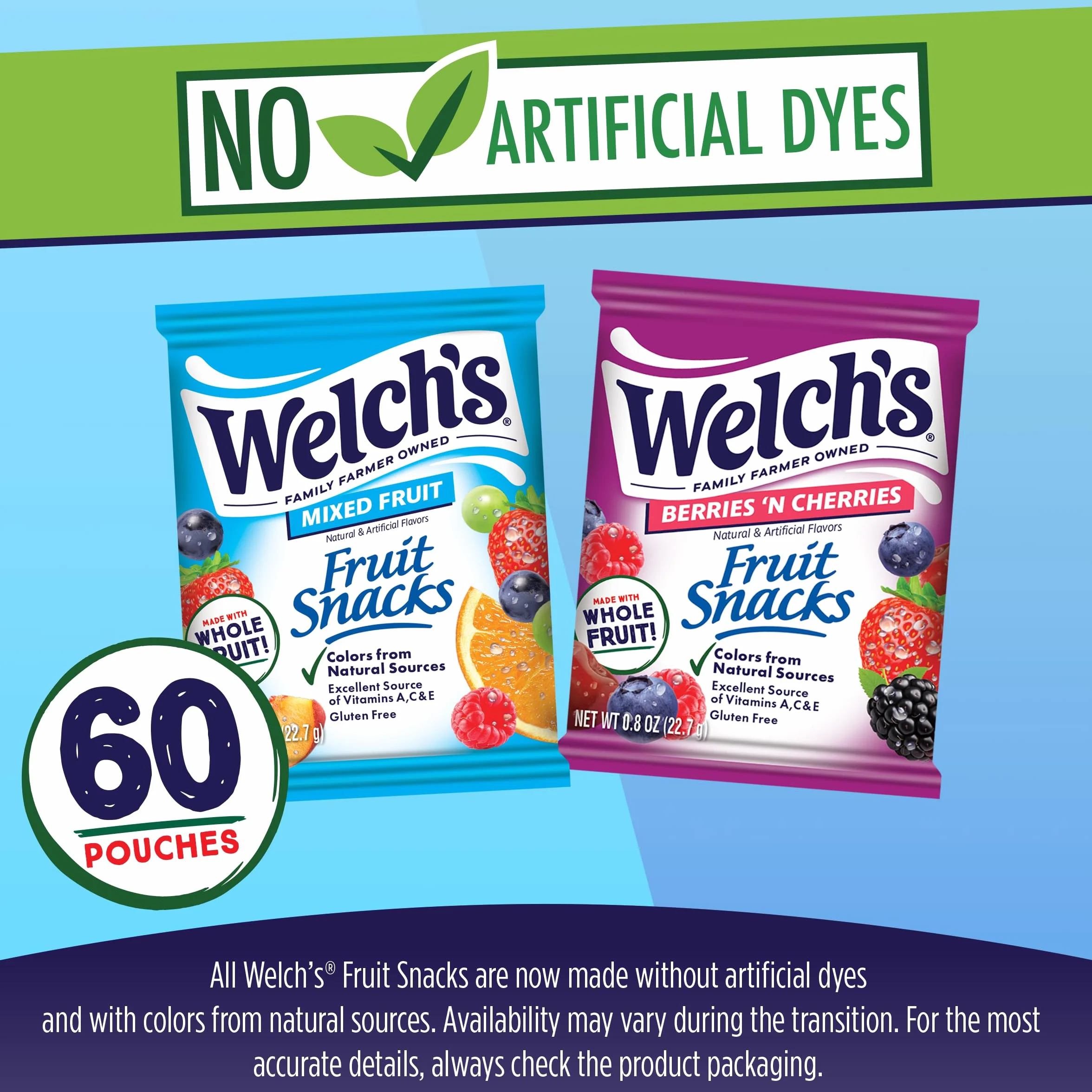 Welch's Fruit Snacks Mixed Fruit & Berries 'N Cherries Bulk Variety Pack, Gluten Free, 0.8 oz Individual Bags (60 Pack)
