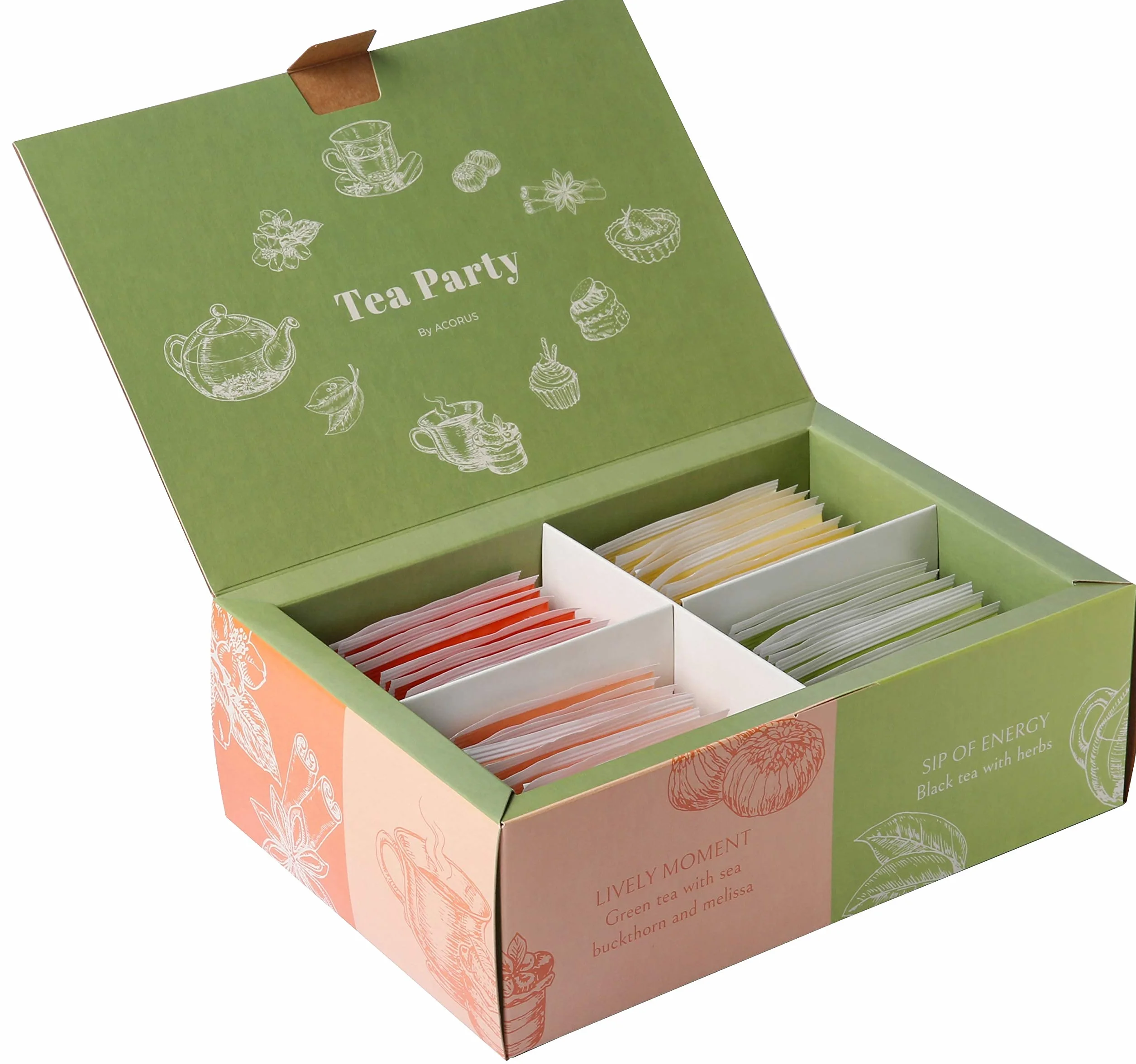 ACORUS Impreza herbaciana z 4 różnymi smakami| 40 sztuk naturalnej herbaty Rooibos, czarnej i zielonej w pięknym pudełku upominkowym