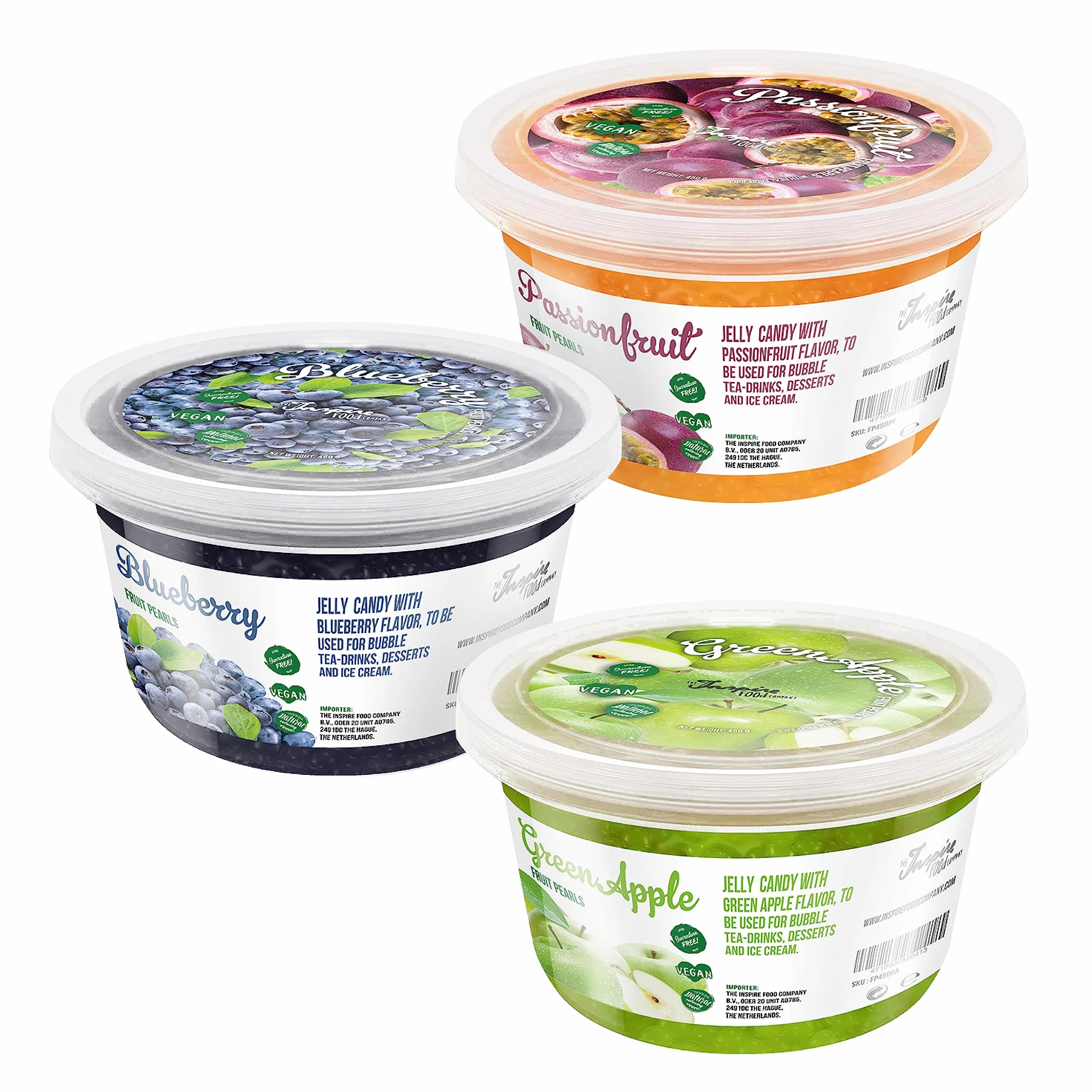 INSPIRE FOOD Owocowe perełki Popping Boba do Bubble Tea, 3 zestawy, z tapioki, zielone jabłko, jagoda, passiflora, 450 g