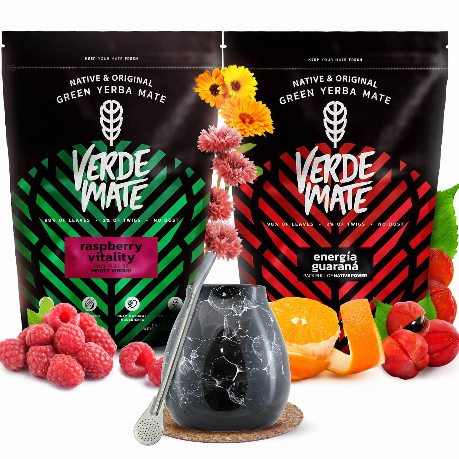 Verde Mate Green Energia Guarana Raspberry Vitality 2 x 500 g Yerba Mate zestaw z tykwą i bombillą herbata brazylijska