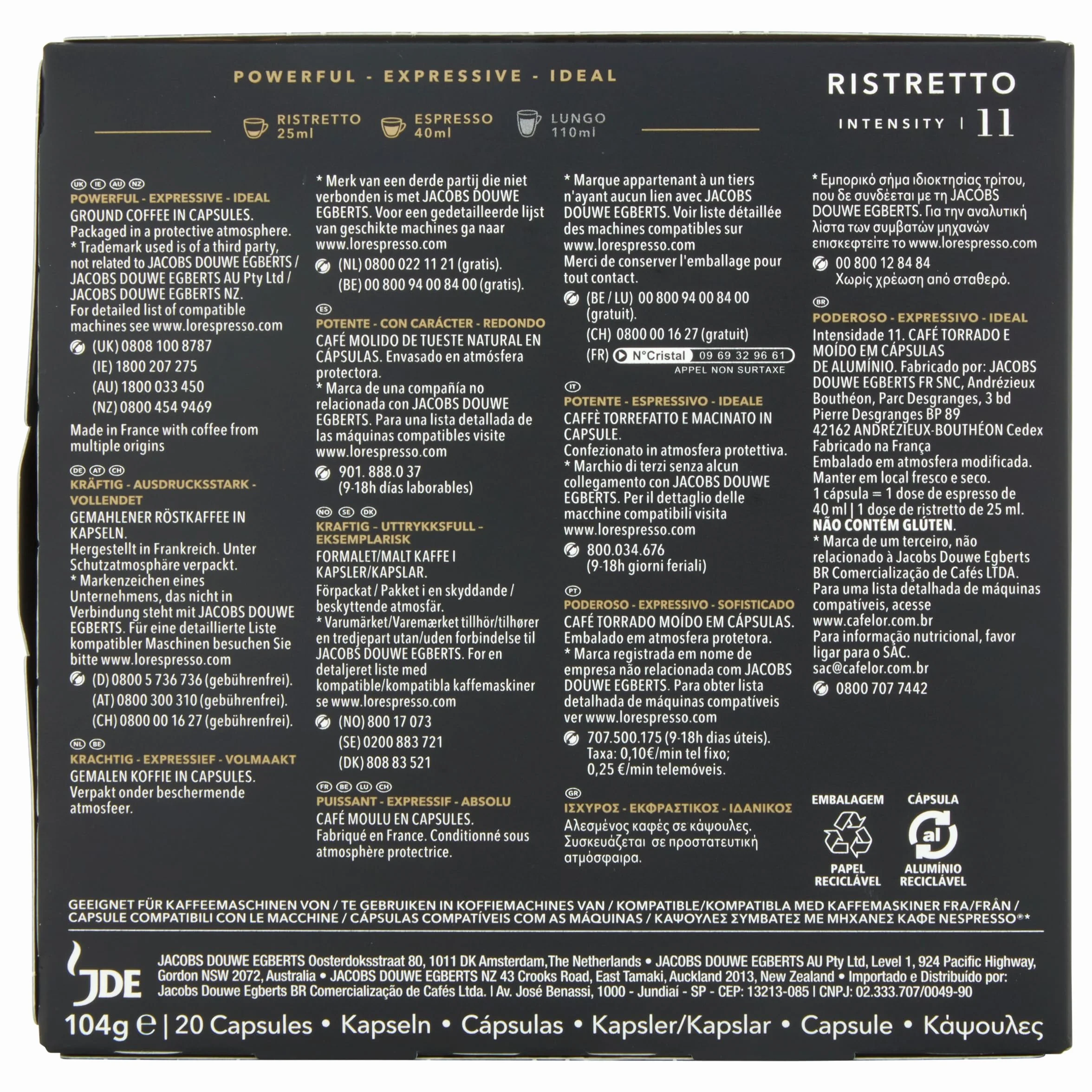 L'OR Ristretto (104 g), 20 szt. kapsułek do kawy Lor, kompatybilne z Nespresso, mocny aromat, zrównoważona uprawa