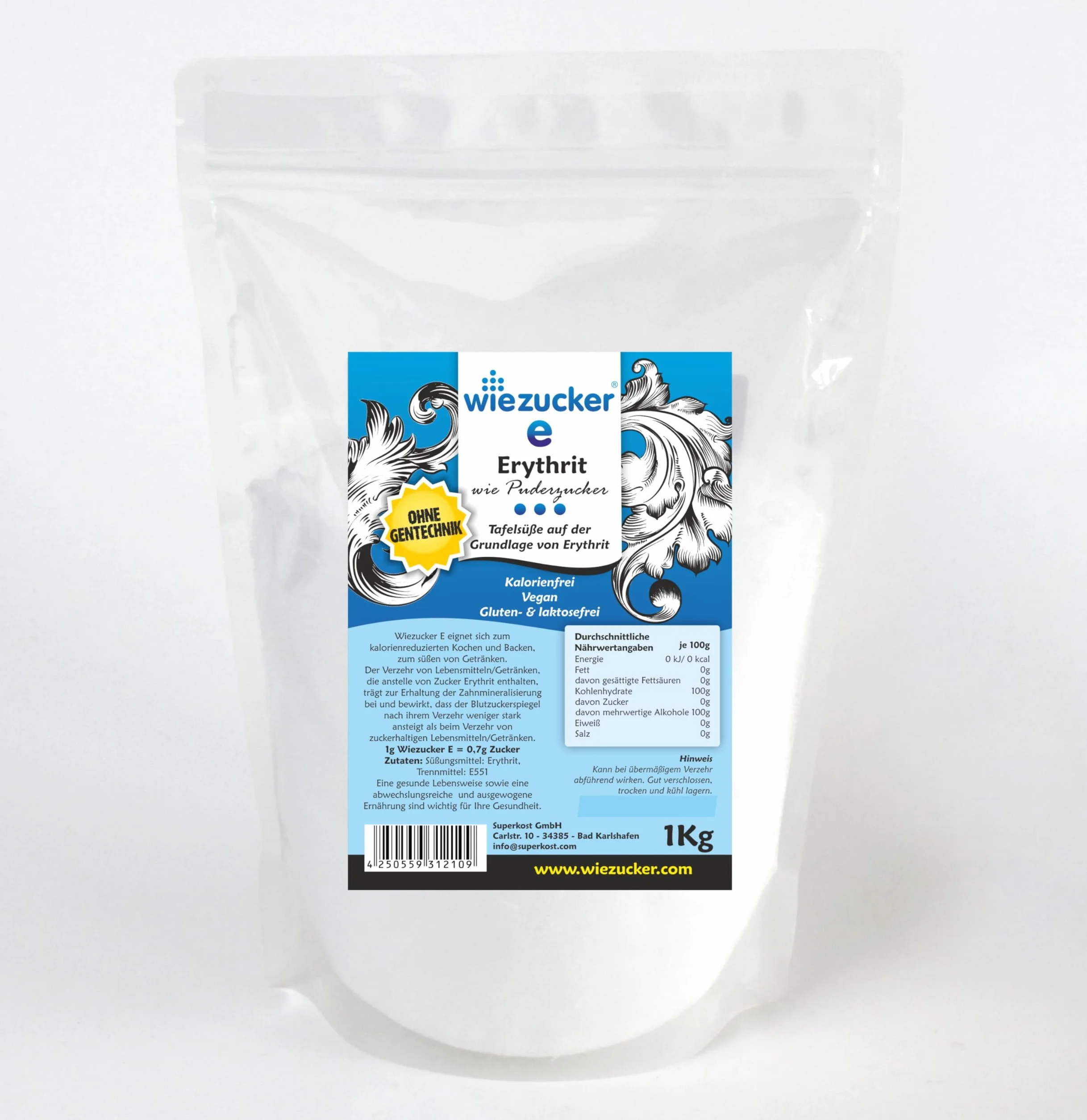Wiezucker Erythrit cukru pudru, bez kalorii, zamiennik cukru pudru, 1 opakowanie (1 x 1 kg) Erypul1