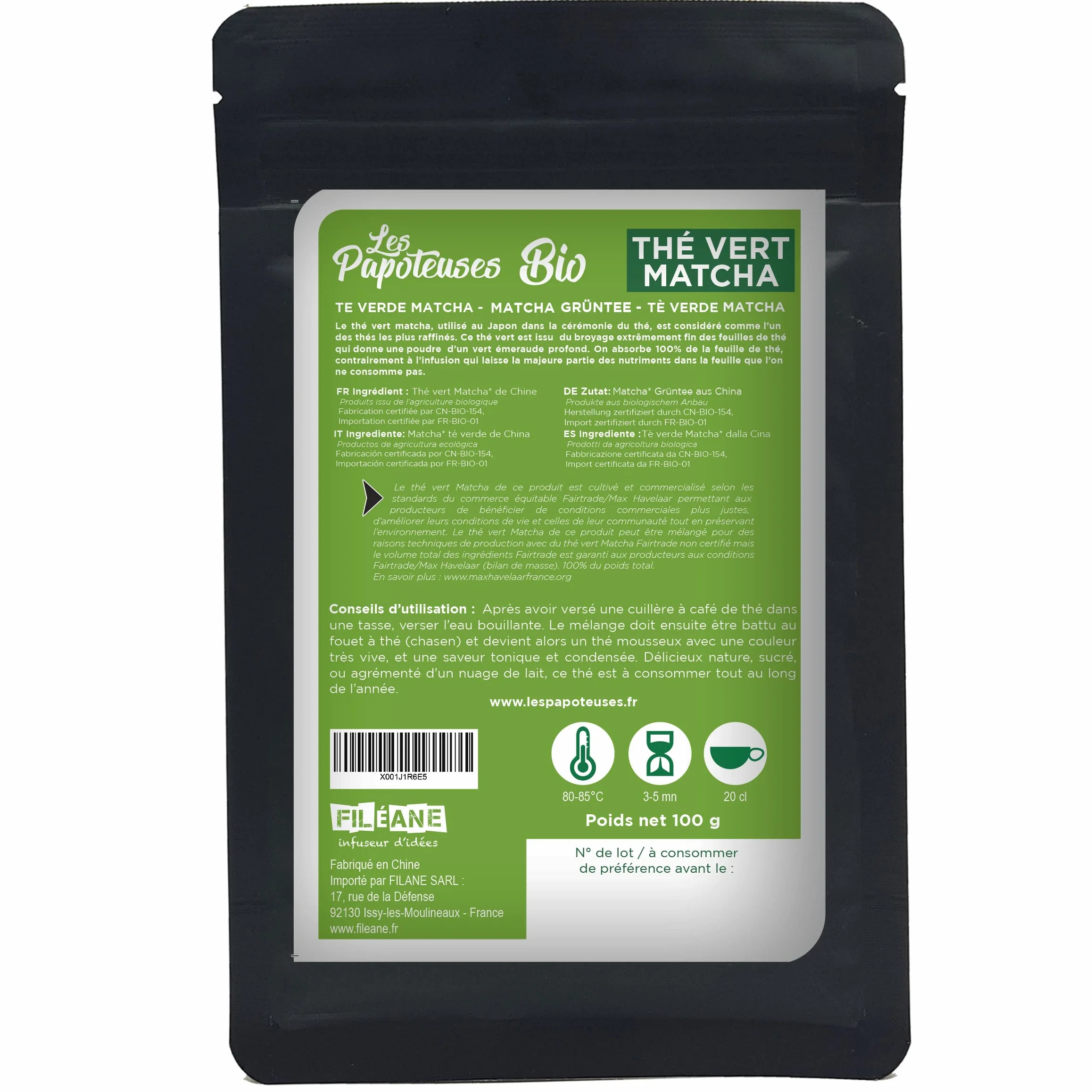 LES PAPOTEUSES | Zielona Herbata Matcha w proszku | 100g | Chińska zielona herbata | Certyfikat Ekologiczny i Sprawiedliwy Handel