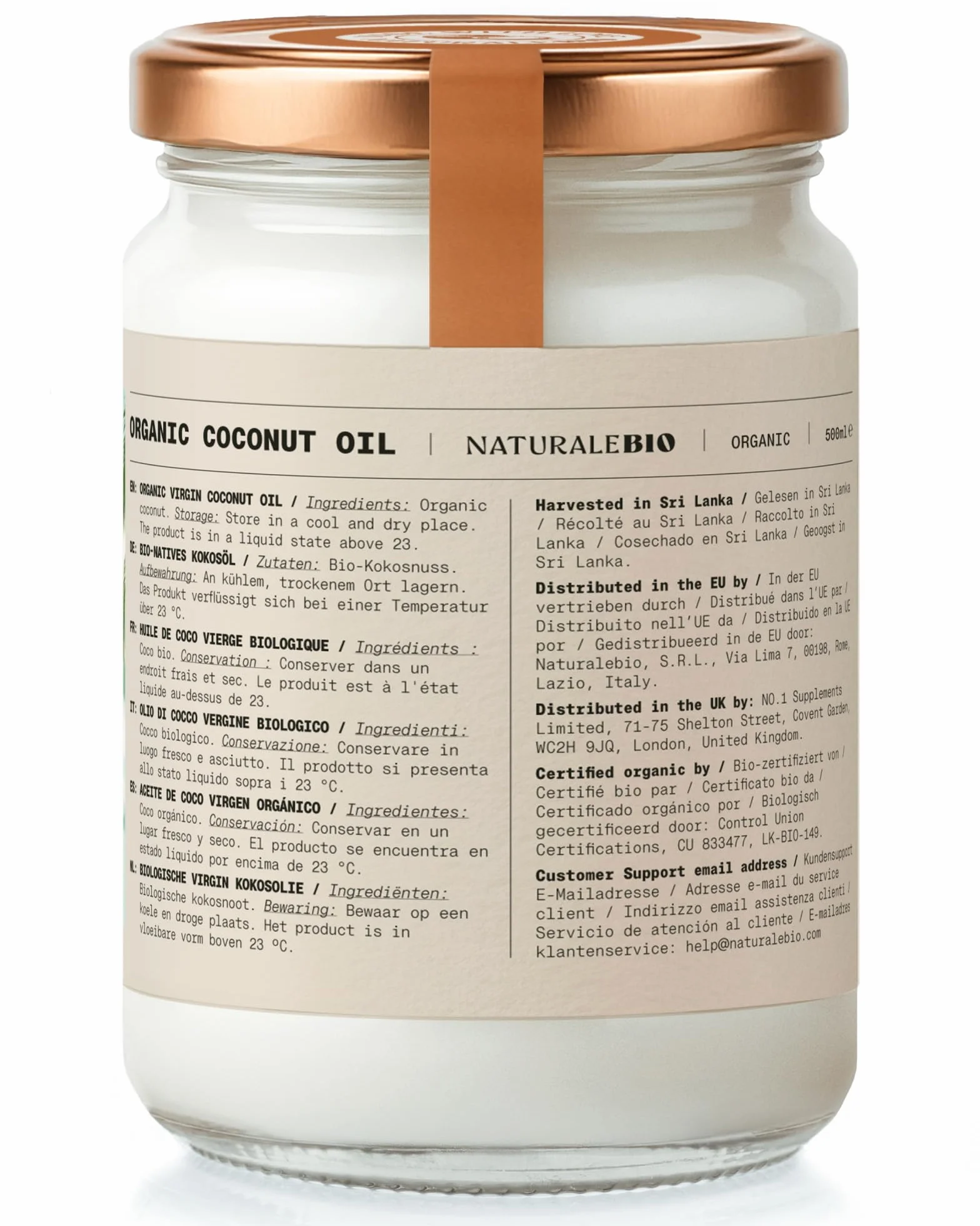 Olej kokosowy ekologiczny Extra Virgin 500 ml. Surowy i tłoczony na zimno. Organiczny, naturalny i czysty. Bio natywny i nierafinowany. Kraj pochodzenia Sri Lanka. NaturaleBio
